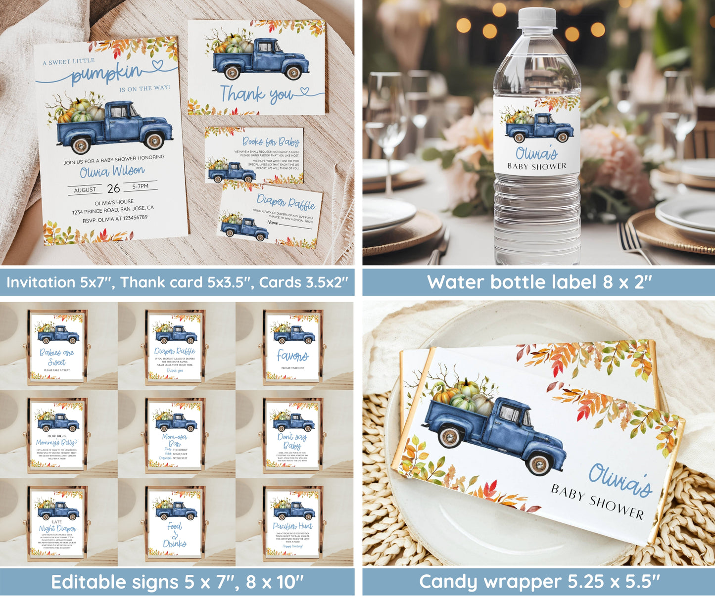 Little Pumpkin Baby Shower Bundle Boy, Blue Truck Fall Baby Shower Invitation & Games, Autumn Baby Sprinkle Decor, Editable Canva Template