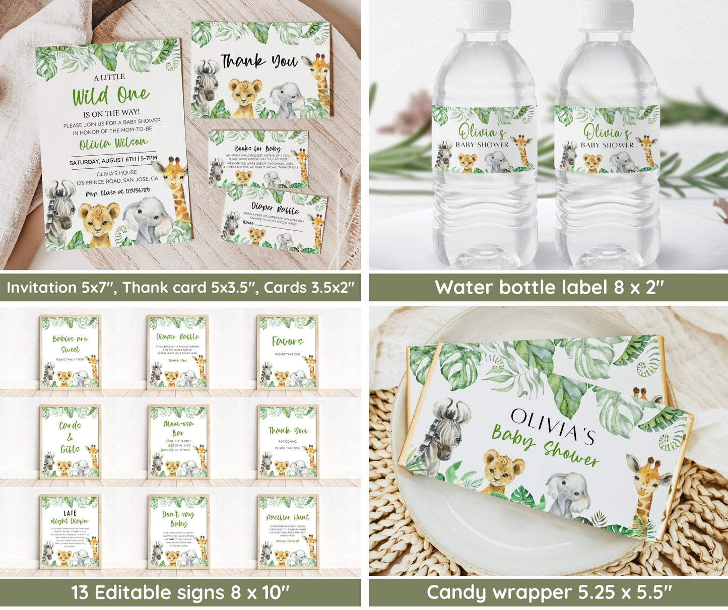 Safari Animal Baby Shower Bundle, Editable Safari Baby Shower Invitation Set, Jungle Animal Baby Shower, Gender Neutral, Digital Download
