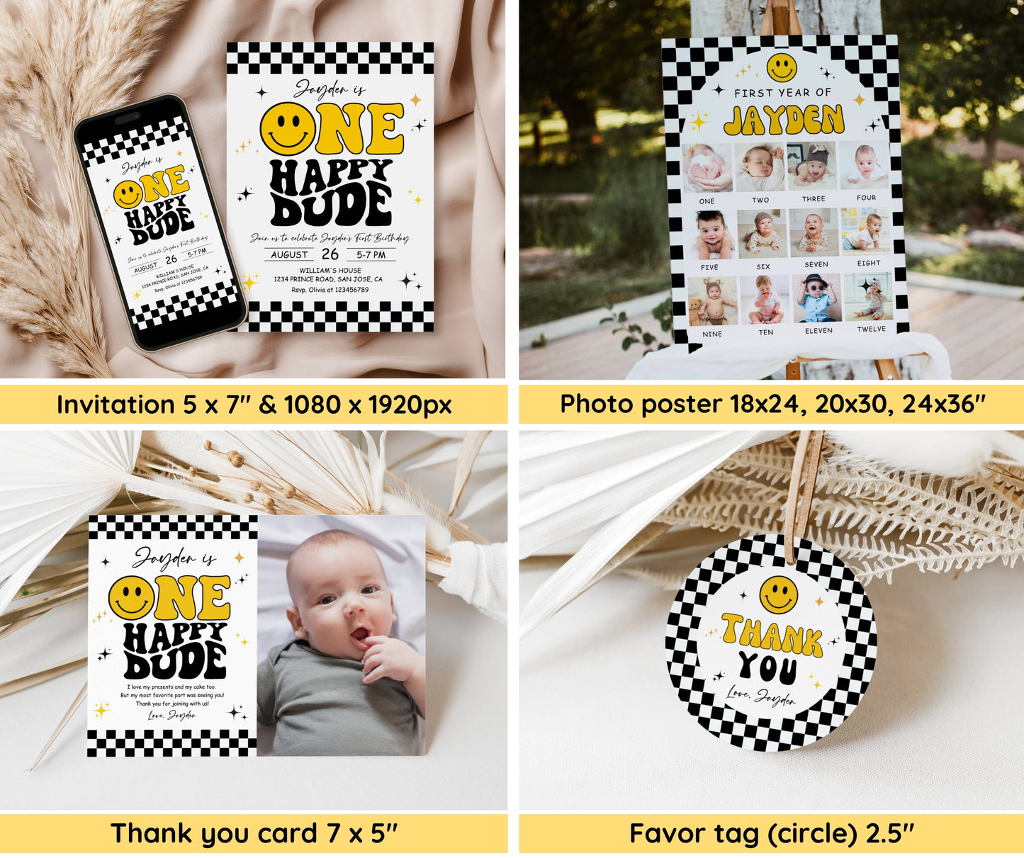 One Happy Dude Birthday Invitation Bundle, Editable Retro One Happy Dude First Birthday Invite Boy, Smiley Face Party Template, Printable