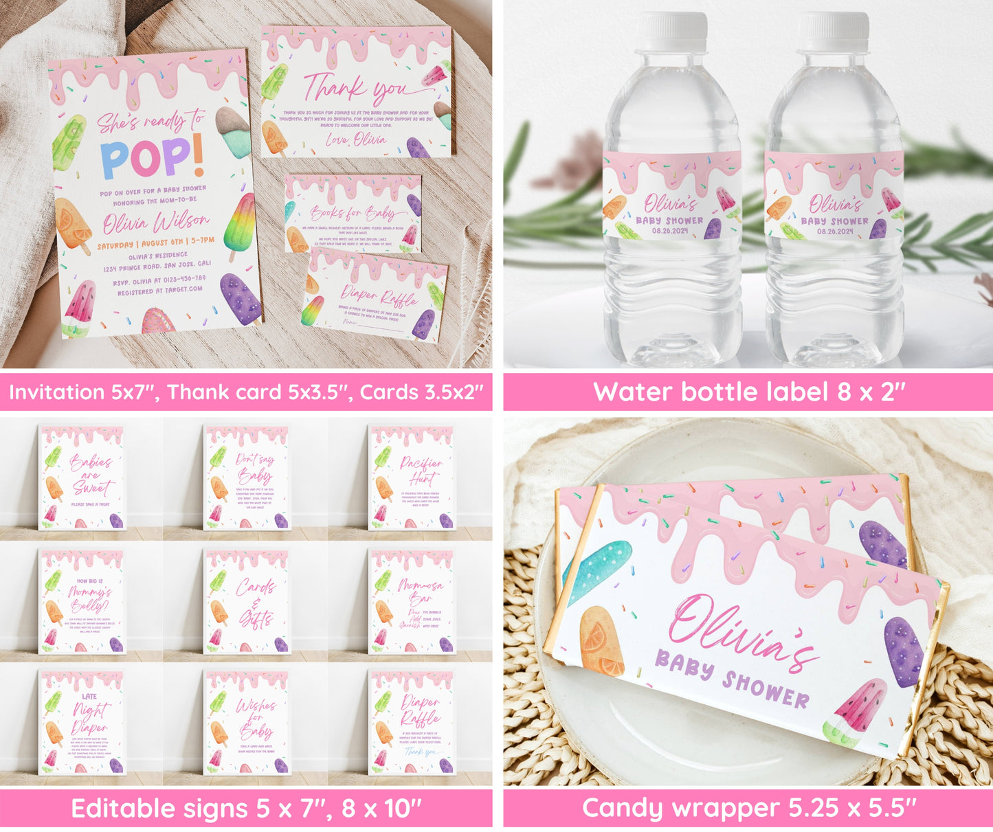 Popsicle Baby Shower Invitation Bundle, She's Ready to Pop Invite & Games, Ice Cream Baby Shower Girl, Editable Canva Template, Printable