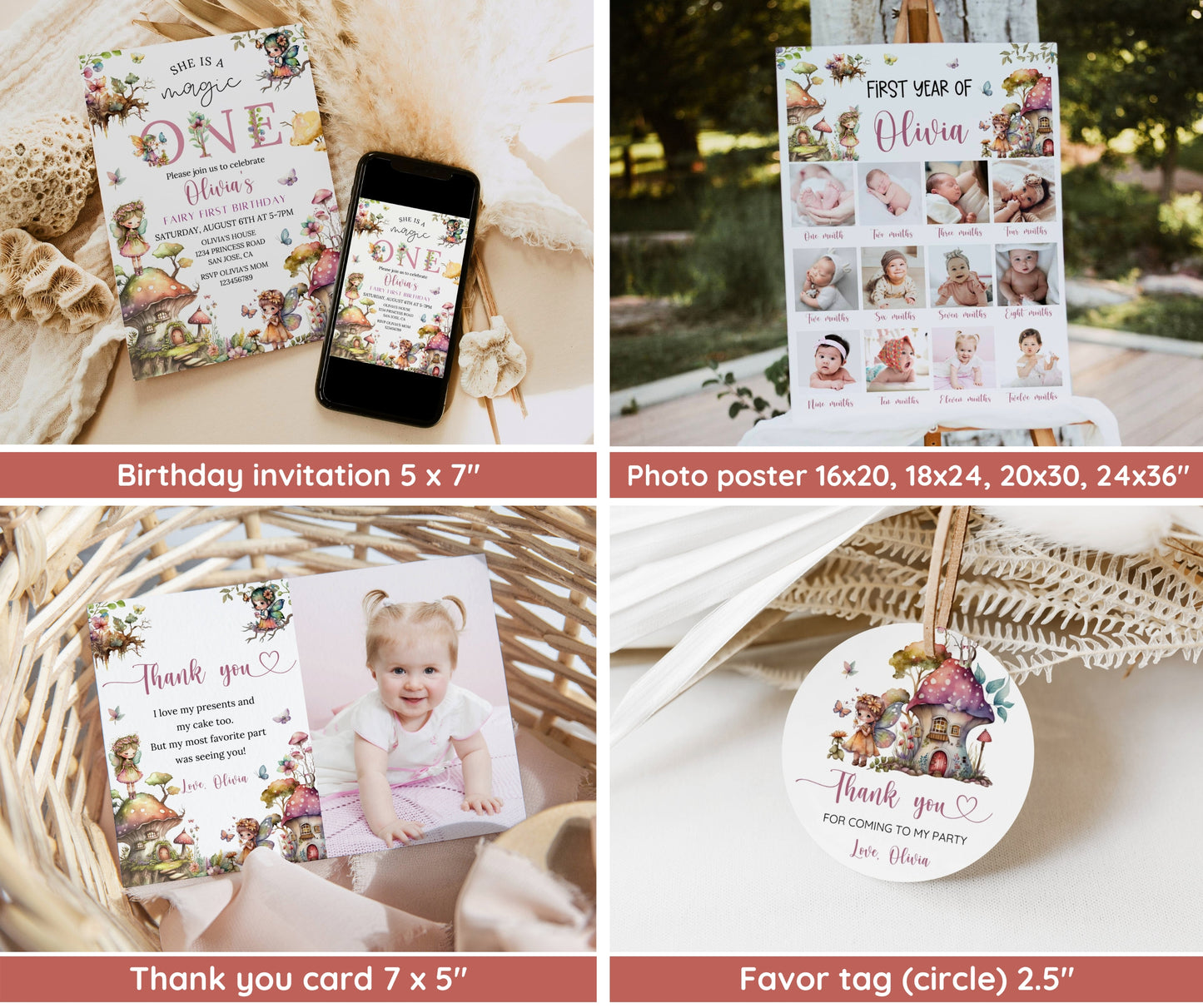 Fairy First Birthday Invitation Bundle, Editable Fairy First Birthday Invite, Fairy First Birthday Decorations, 1st Birthday Girl Theme