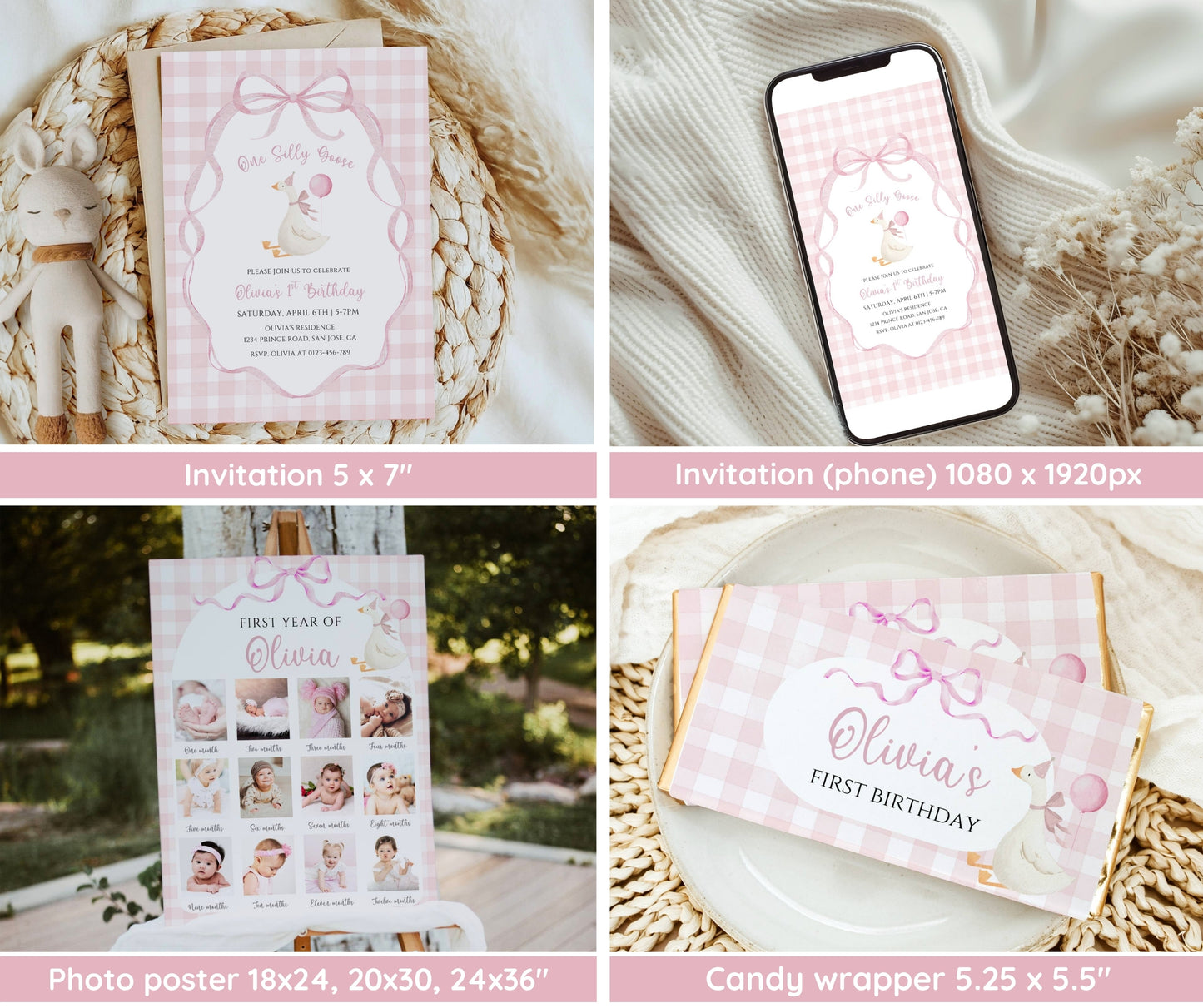 One Silly Goose Birthday Bundle, Pink Bow Goose 1st Birthday Invitation Template, Coquette Gingham Girl First Birthday Decor, Editable Canva