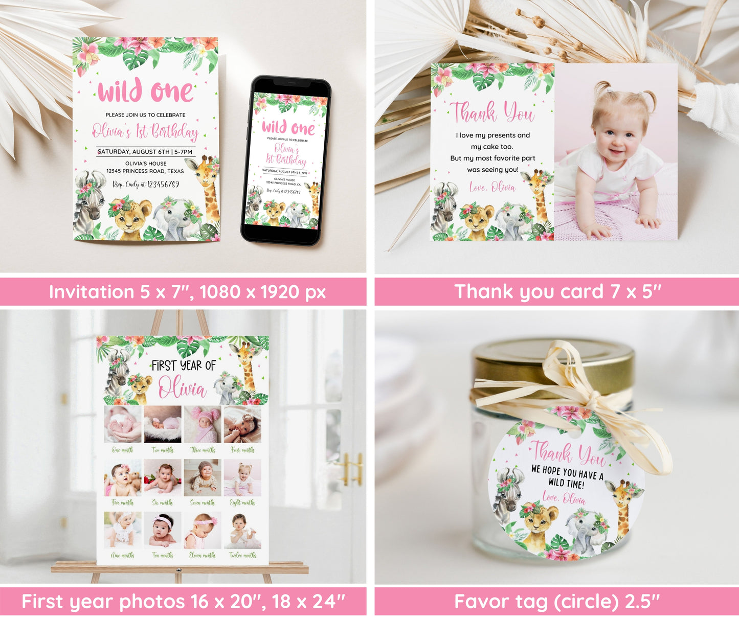 Wild One 1st Birthday Girl Bundle, Wild One Girl Invitation, Safari Wild One Birthday, One Birthday Invite, 1st Birthday Invite for Girl