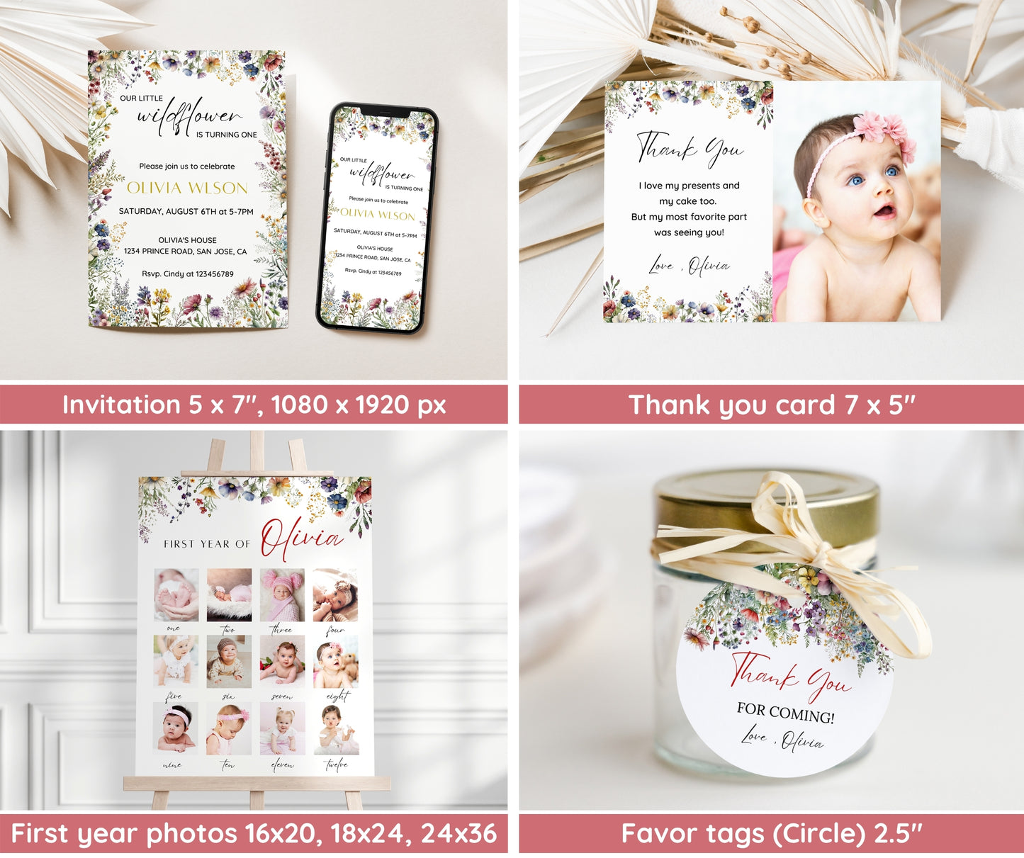 Wildflower Birthday Invitation Bundle, Wildflower First Birthday Invitation, Girl 1st Birthday, First Birthday Decorations, Wildflower