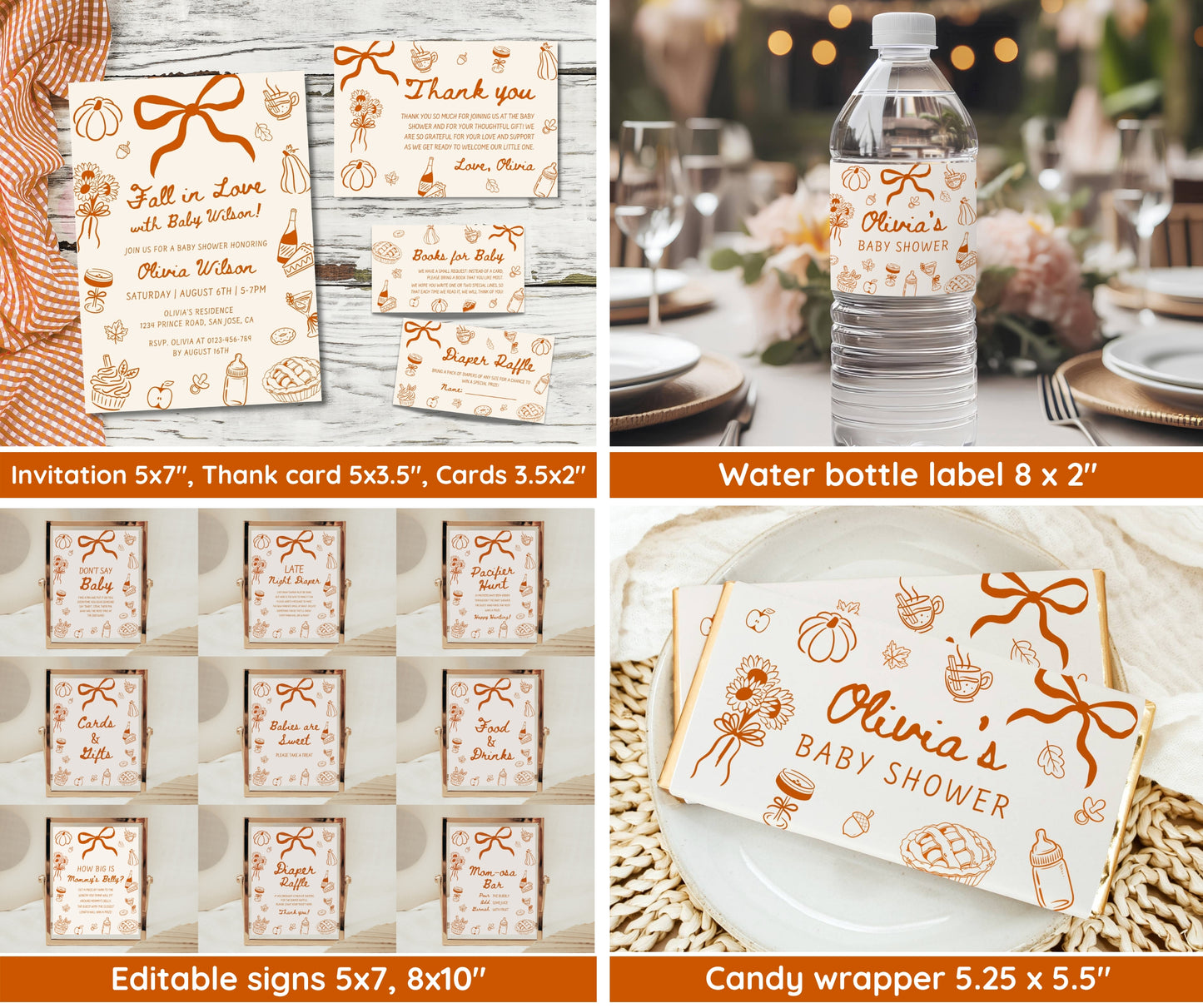 Fall in Love Baby Shower Bundle, Hand Drawn Little Pumpkin Baby Shower Invitation & Games, A Little Pumpkin is on the Way, Editable Template