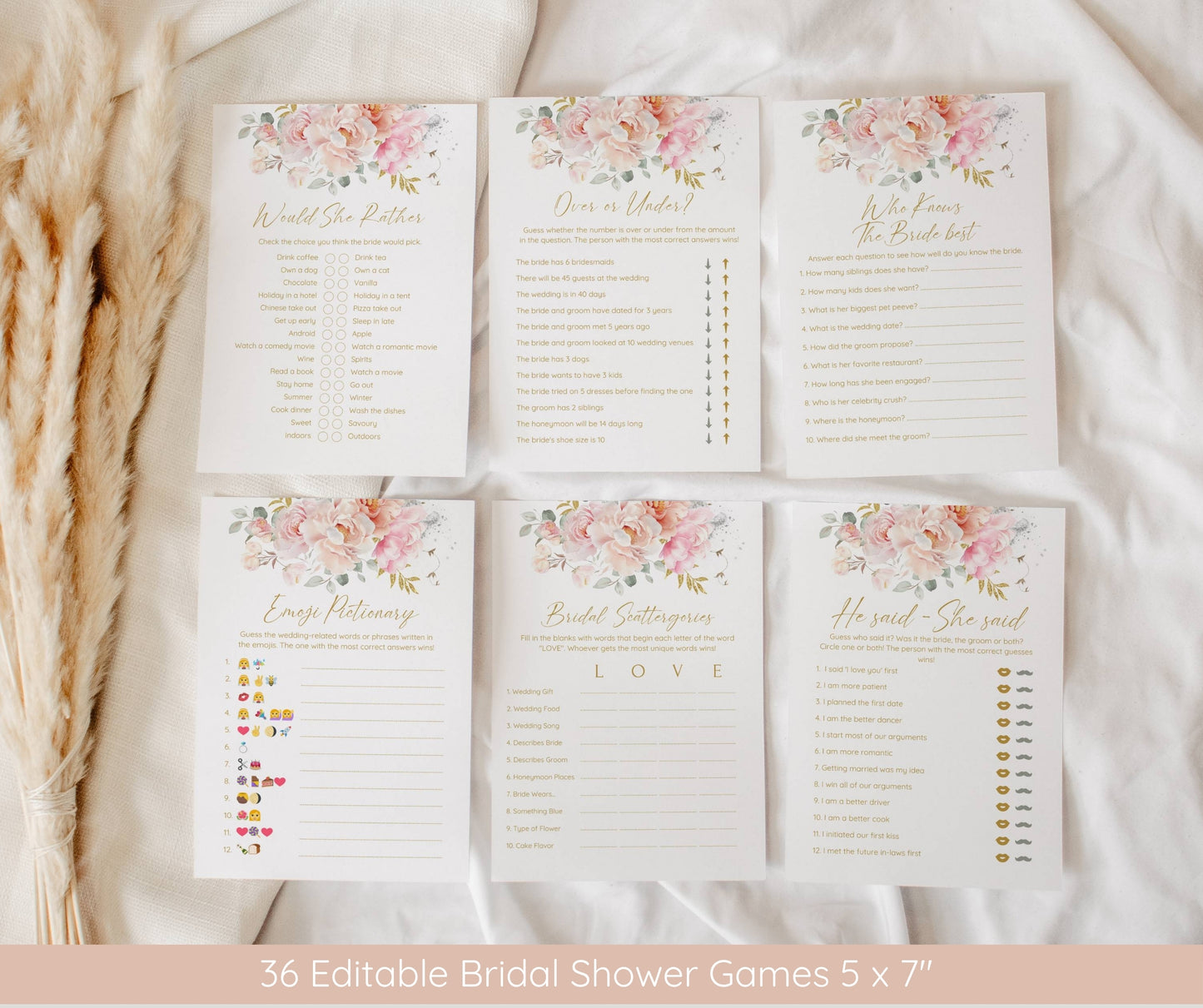 Blush Floral Bridal Shower Bundle | Pink Wedding Shower Invitation, Games & Sign | Editable Canva Template | Printable Instant Download