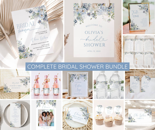 Dusty Blue Bridal Shower Invitation Bundle, Blue Floral Bridal Shower Invite Template, Welcome Sign, Game Package, Photo Booth, EDITABLE