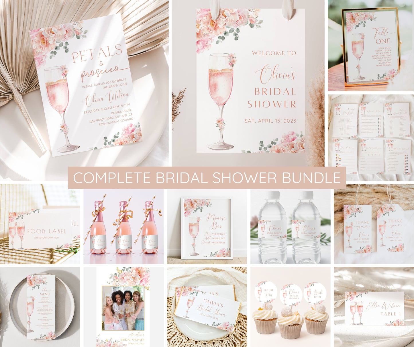 Petals and Prosecco Bridal Shower Invitation Bundle, Blush Pink Floral Bridal Shower Template, Welcome Sign, Game Pack, Editable, Printable