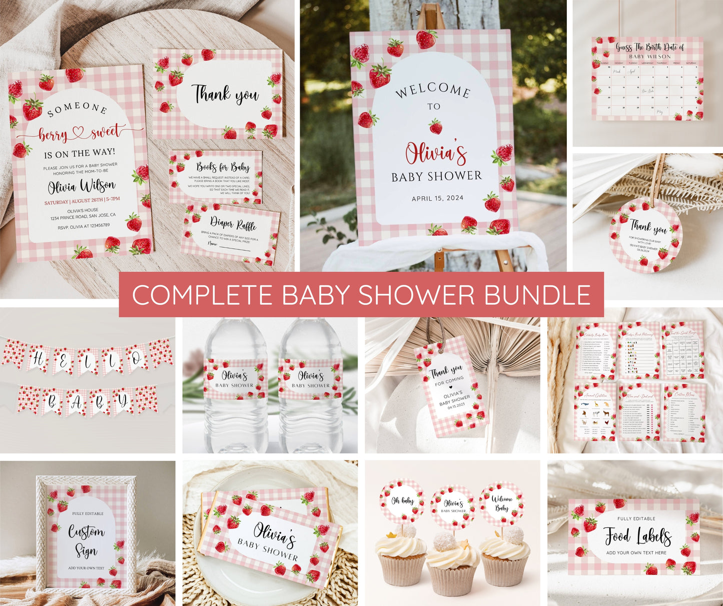 Pink Gingham Berry Sweet Baby Shower Bundle, Berry Sweet Baby Shower Invitation, Strawberry Baby Shower Invitation Template, EDITABLE
