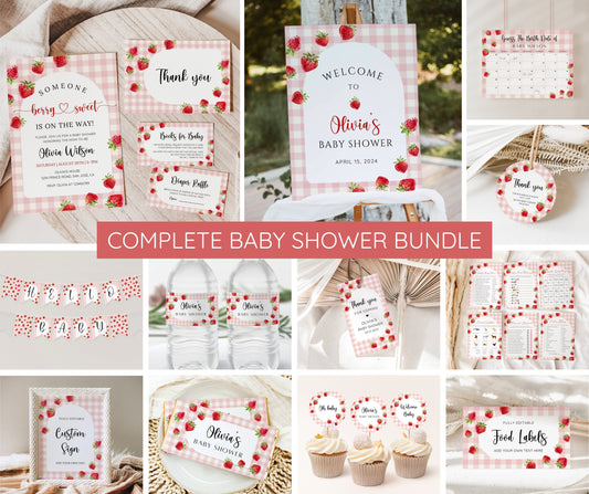 Pink Gingham Berry Sweet Baby Shower Bundle, Berry Sweet Baby Shower Invitation, Strawberry Baby Shower Invitation Template, EDITABLE