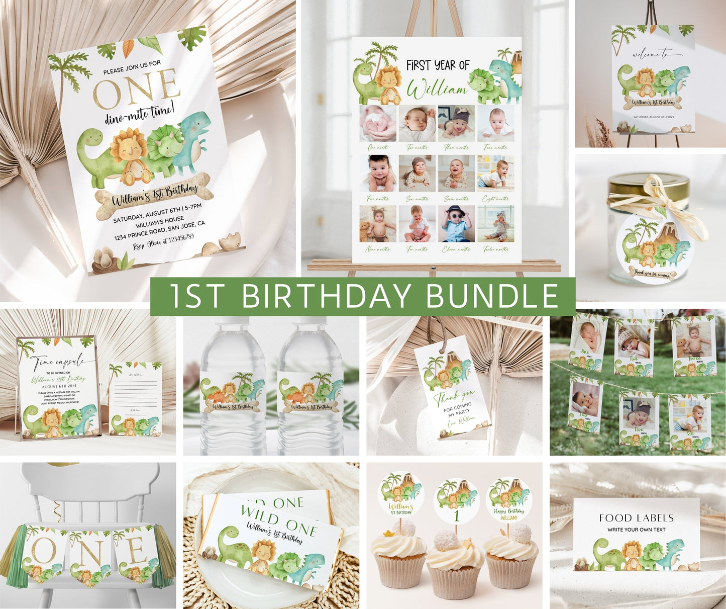 Dinosaur 1st Birthday Bundle, Dino First Birthday Party, Dinosaur Birthday Bundle, Trex Birthday Invite, One Birthday Invite, Birthday Boy
