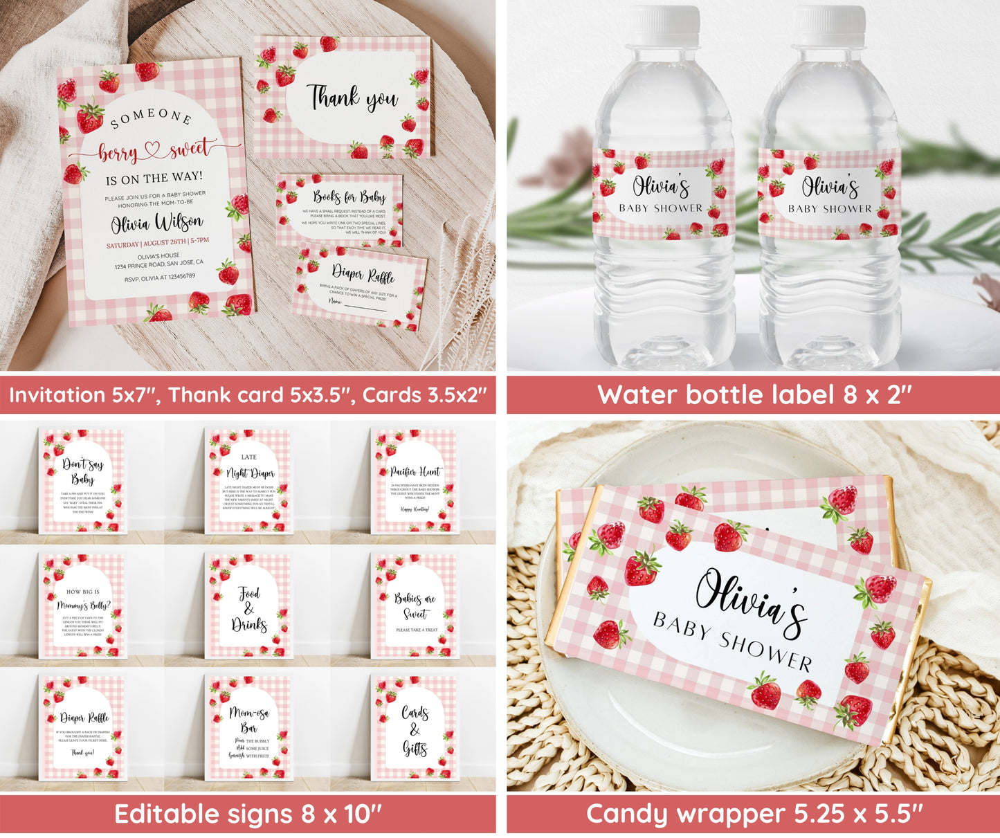 Pink Gingham Berry Sweet Baby Shower Bundle, Berry Sweet Baby Shower Invitation, Strawberry Baby Shower Invitation Template, EDITABLE