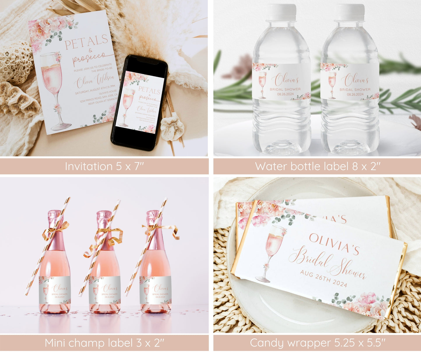 Petals and Prosecco Bridal Shower Invitation Bundle, Blush Pink Floral Bridal Shower Template, Welcome Sign, Game Pack, Editable, Printable