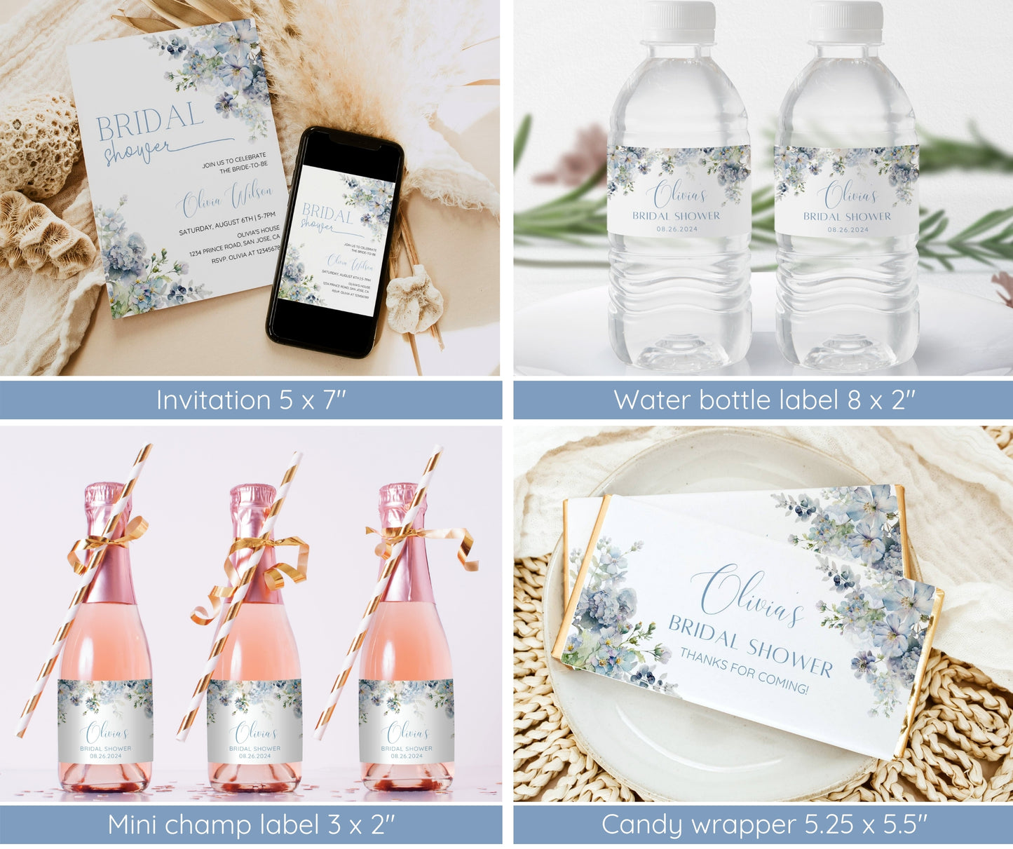 Dusty Blue Bridal Shower Invitation Bundle, Blue Floral Bridal Shower Invite Template, Welcome Sign, Game Package, Photo Booth, EDITABLE