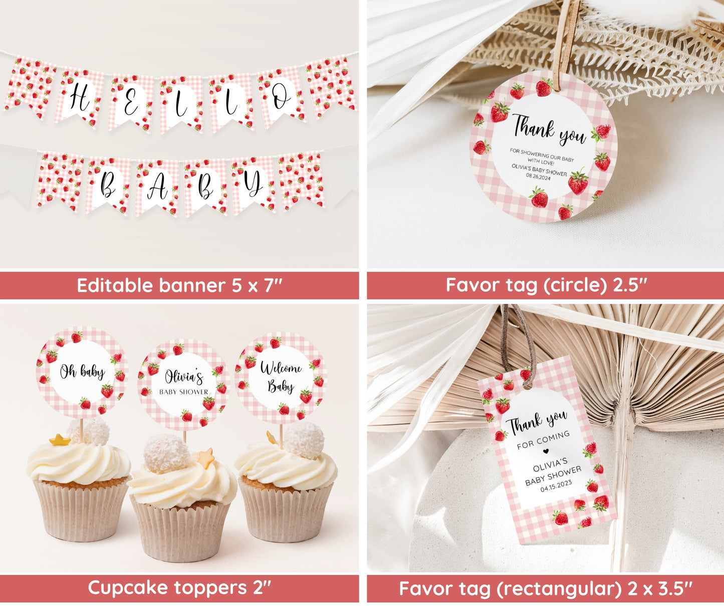 Pink Gingham Berry Sweet Baby Shower Bundle, Berry Sweet Baby Shower Invitation, Strawberry Baby Shower Invitation Template, EDITABLE