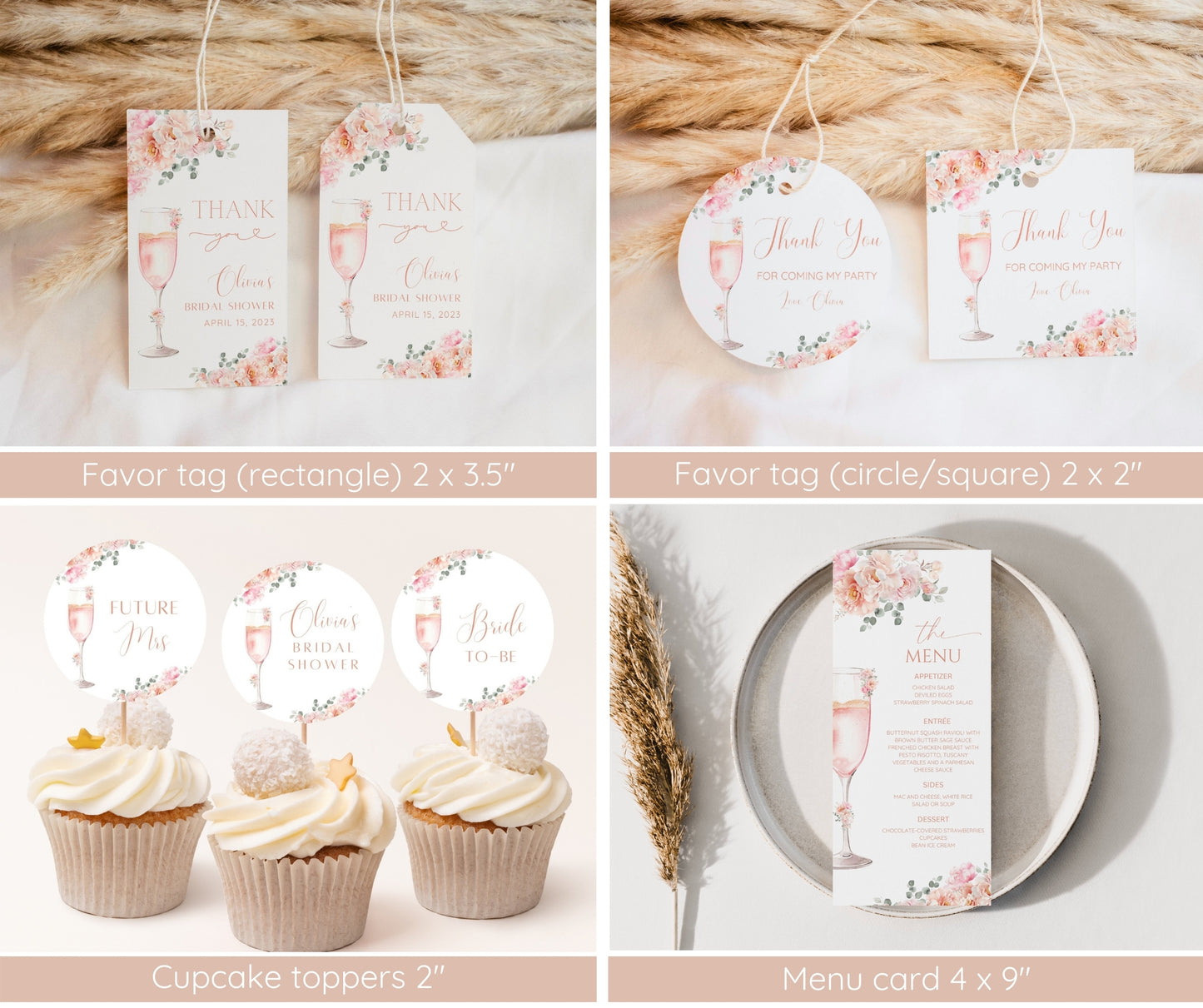 Petals and Prosecco Bridal Shower Invitation Bundle, Blush Pink Floral Bridal Shower Template, Welcome Sign, Game Pack, Editable, Printable