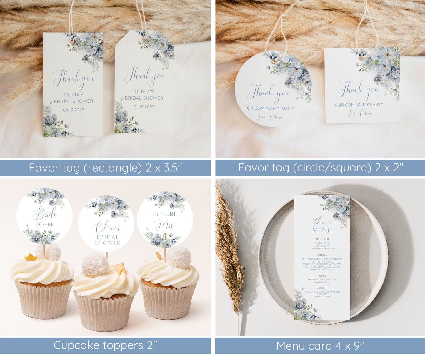 Dusty Blue Bridal Shower Invitation Bundle, Blue Floral Bridal Shower Invite Template, Welcome Sign, Game Package, Photo Booth, EDITABLE