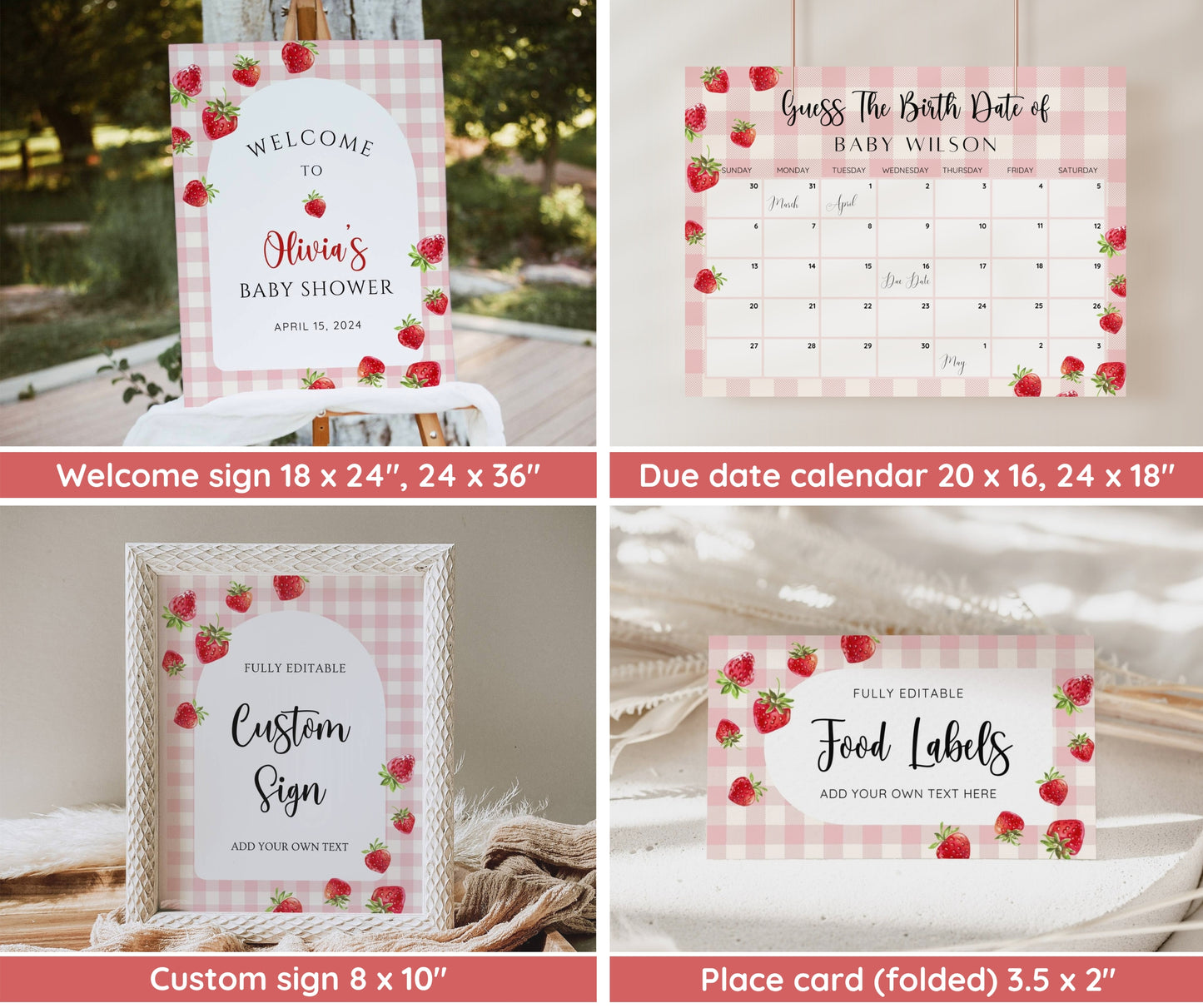 Pink Gingham Berry Sweet Baby Shower Bundle, Berry Sweet Baby Shower Invitation, Strawberry Baby Shower Invitation Template, EDITABLE