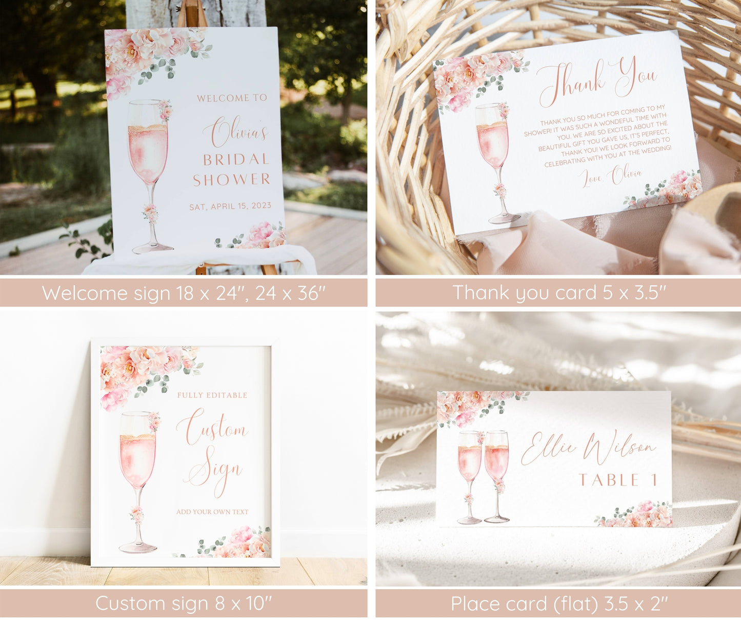 Petals and Prosecco Bridal Shower Invitation Bundle, Blush Pink Floral Bridal Shower Template, Welcome Sign, Game Pack, Editable, Printable