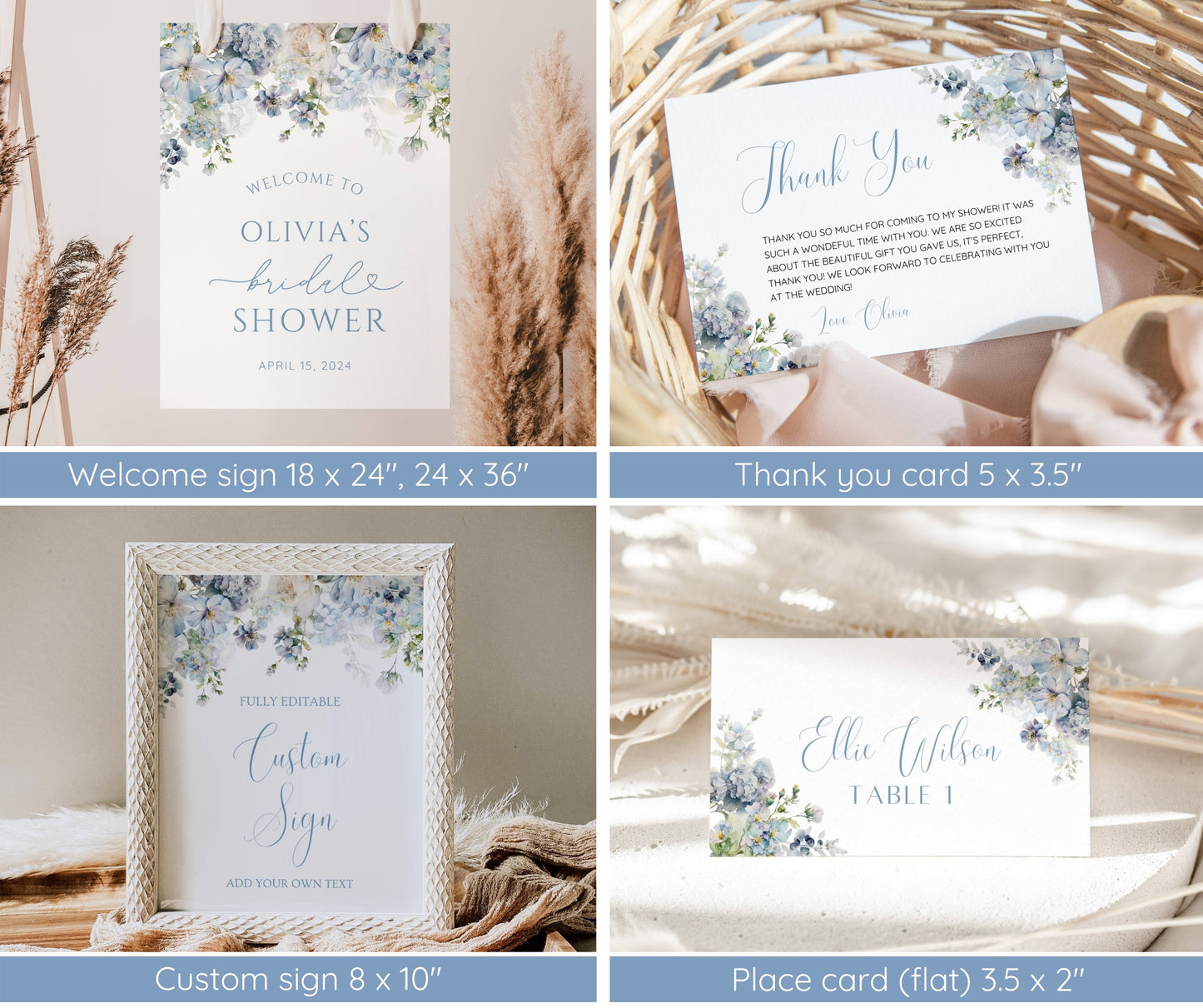 Dusty Blue Bridal Shower Invitation Bundle, Blue Floral Bridal Shower Invite Template, Welcome Sign, Game Package, Photo Booth, EDITABLE