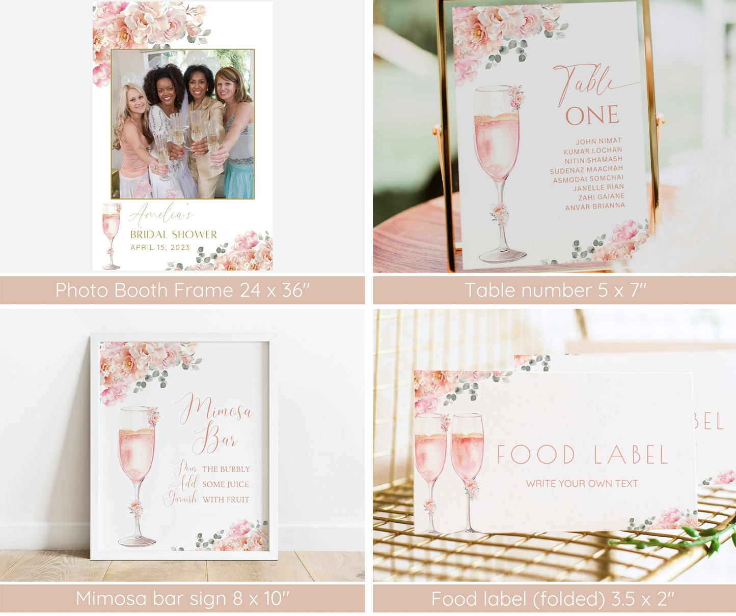 Petals and Prosecco Bridal Shower Invitation Bundle, Blush Pink Floral Bridal Shower Template, Welcome Sign, Game Pack, Editable, Printable