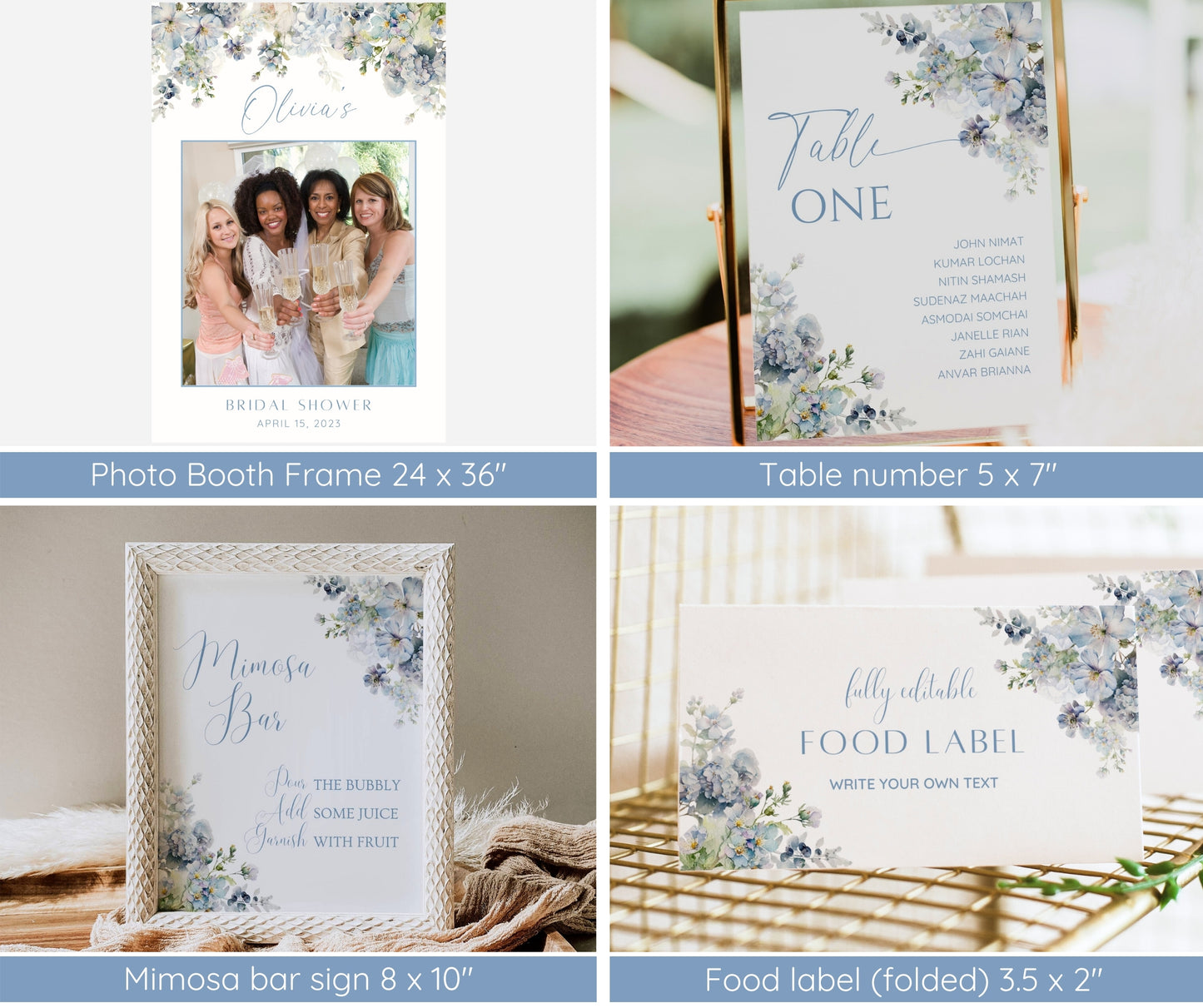 Dusty Blue Bridal Shower Invitation Bundle, Blue Floral Bridal Shower Invite Template, Welcome Sign, Game Package, Photo Booth, EDITABLE