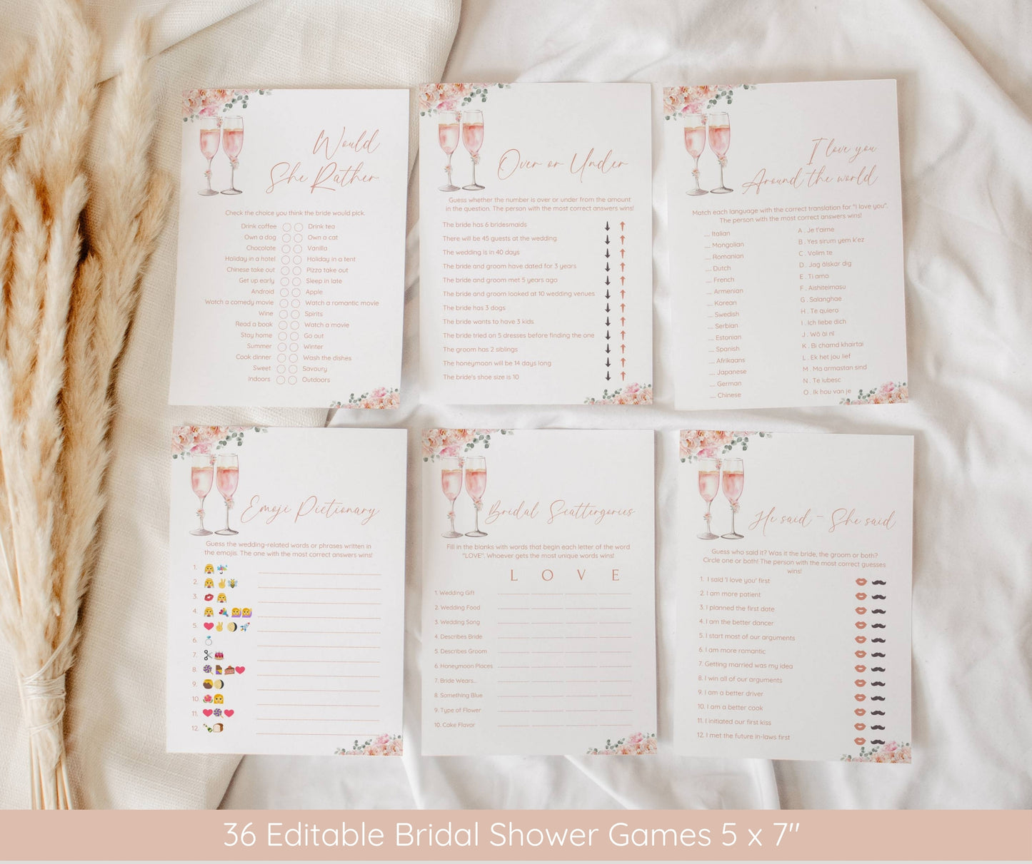 Petals and Prosecco Bridal Shower Invitation Bundle, Blush Pink Floral Bridal Shower Template, Welcome Sign, Game Pack, Editable, Printable
