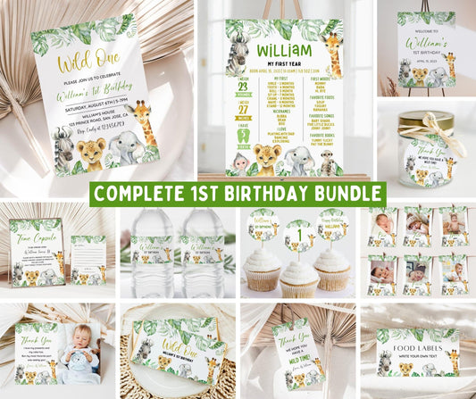 Wild One 1st Birthday Bundle, Safari Wild One Birthday Bundle, Wild One Invitation Bundle, Instant Download, Birthday Boy Milestone Welcome