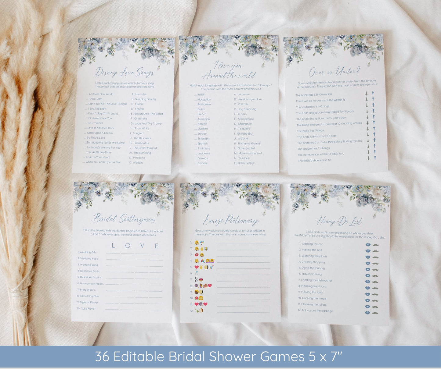 Dusty Blue Bridal Shower Invitation Bundle, Blue Floral Bridal Shower Invite Template, Welcome Sign, Game Package, Photo Booth, EDITABLE