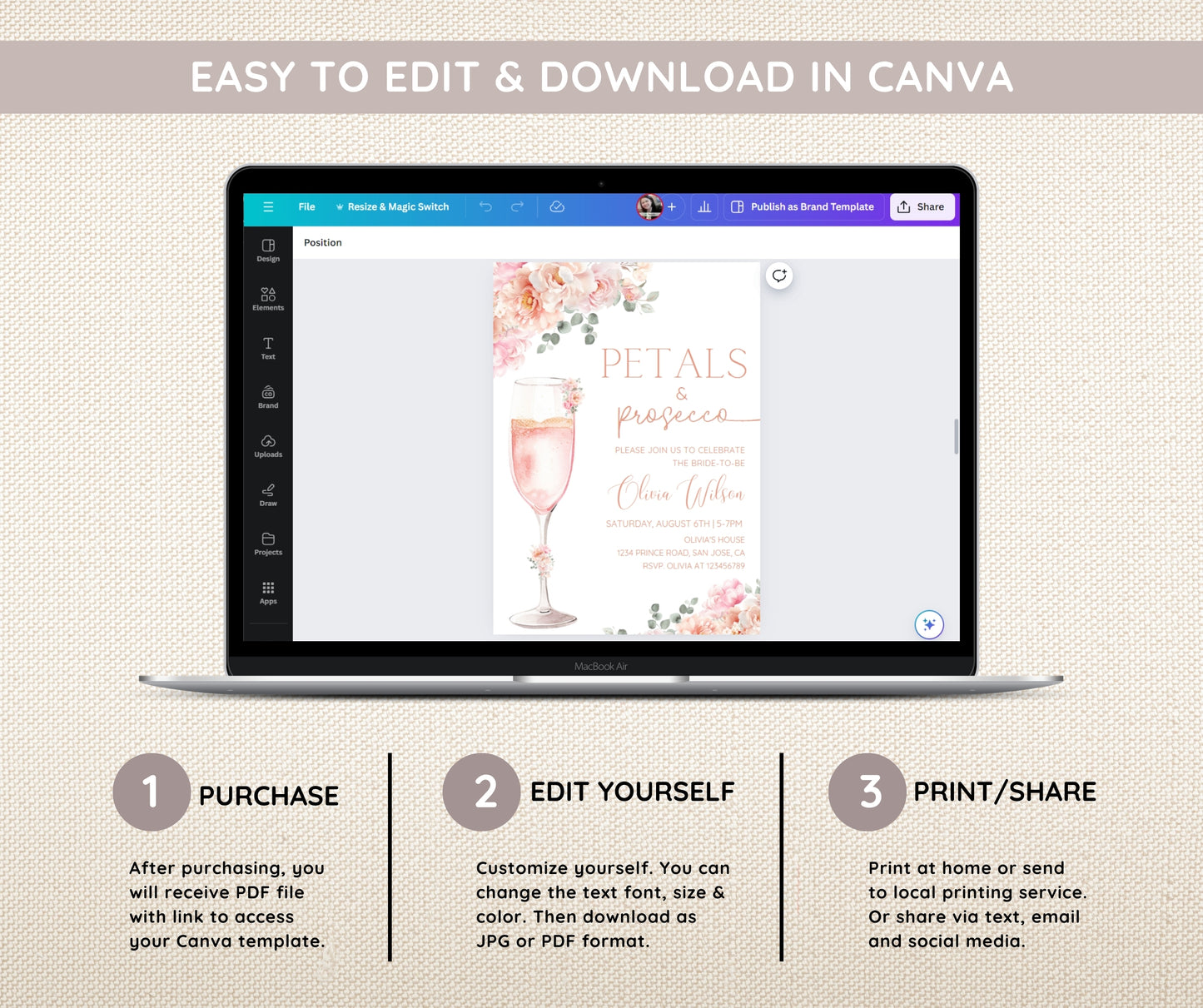 Petals and Prosecco Bridal Shower Invitation Bundle, Blush Pink Floral Bridal Shower Template, Welcome Sign, Game Pack, Editable, Printable