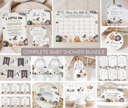 A Little Boo Baby Shower Bundle, Ghost Halloween Baby Shower Invitation & Games, Gender Neutral Fall Baby Sprinkle, Editable Canva Template