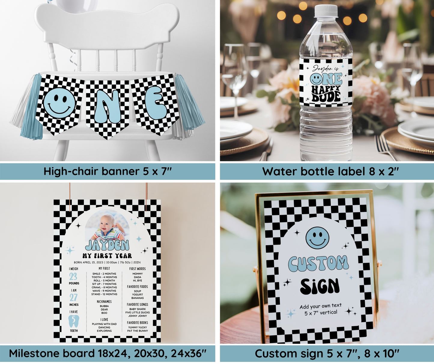 One Happy Dude Birthday Invitation Bundle, Editable Retro One Happy Dude First Birthday Invite Boy, Smiley Face Party Template Blue