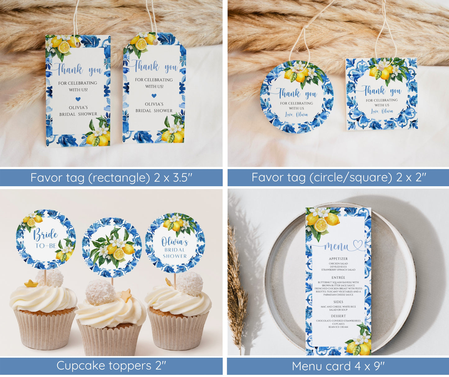 Mediterranean Lemon Bridal Shower Invitation Bundle, Main Squeeze Bridal Invite & Games, Italian Blue Tiles Amalfi Coast, Editable Template
