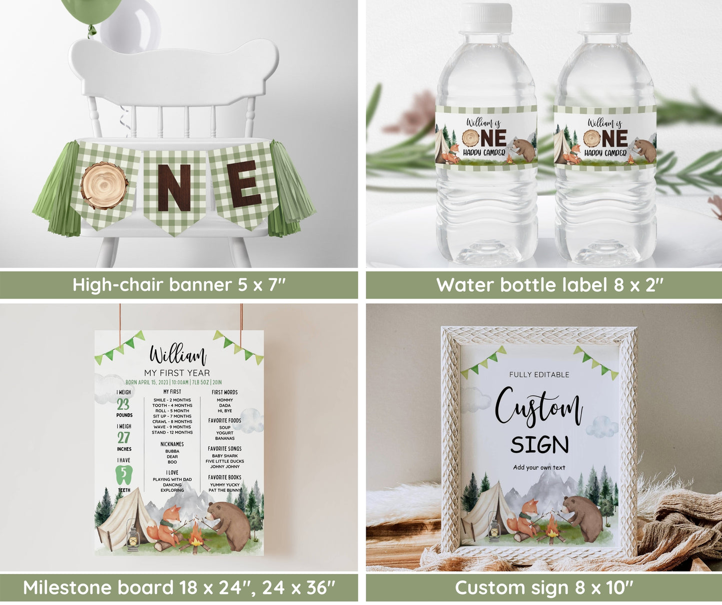 One Happy Camper First Birthday Bundle, Camping Birthday Invitation Template, Camper Party 1st Birthday Boy, Welcome, Milestone, EDITABLE