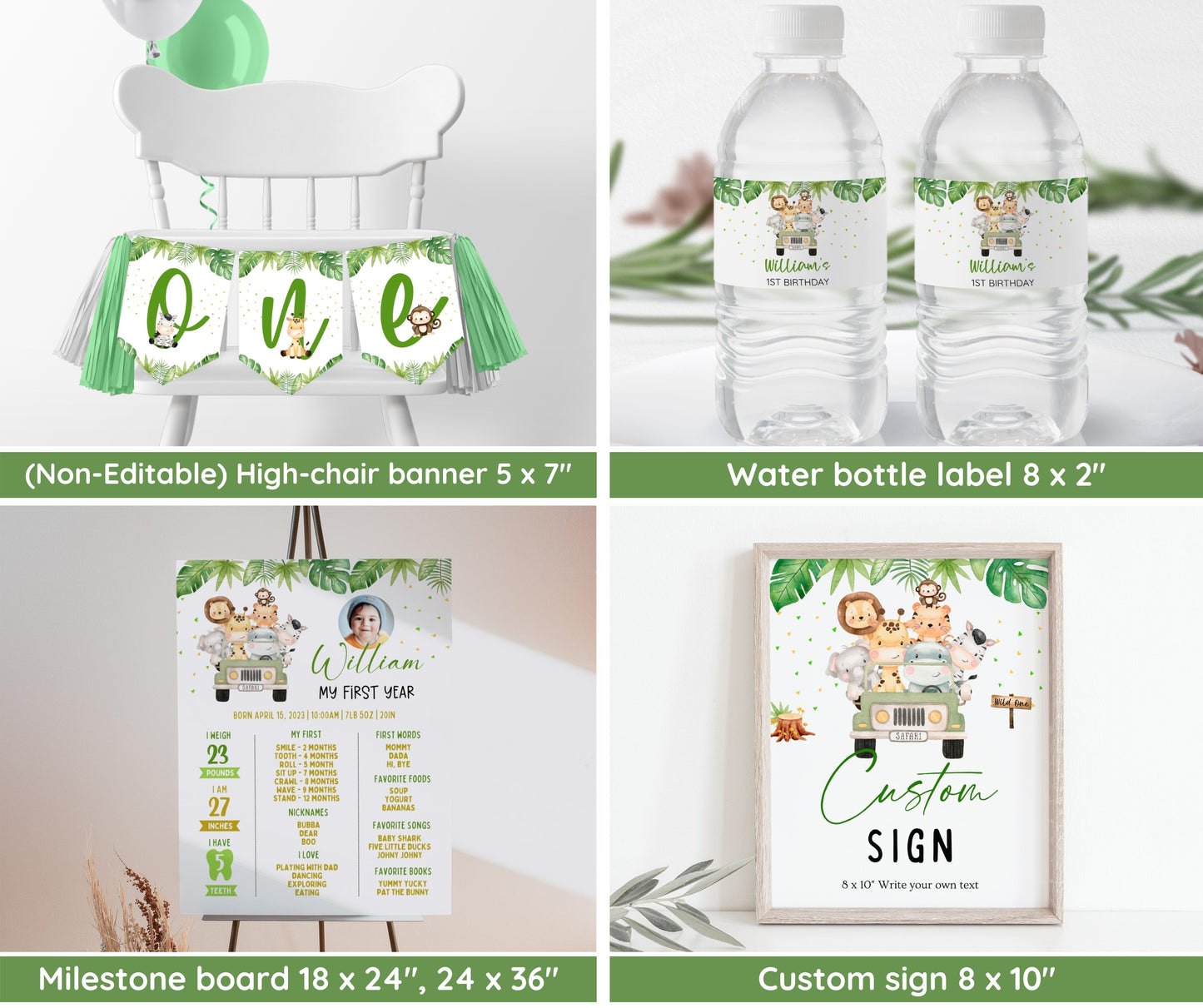 Safari 1st Birthday Bundle, Safari Wild One Birthday Bundle, Safari Animal Invitation Bundle, Editable, 1st Birthday Boy, Welcome, Milestone