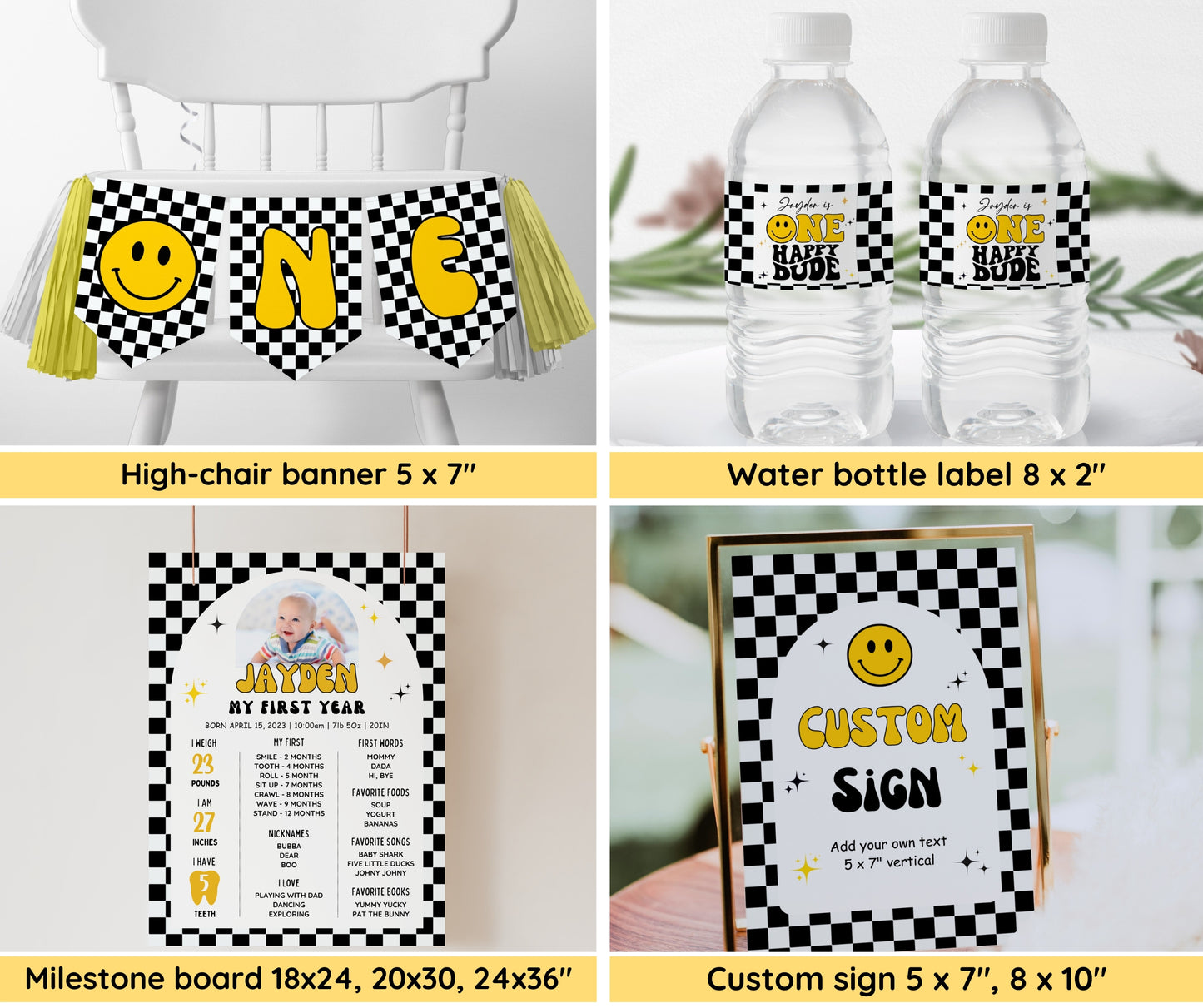 One Happy Dude Birthday Invitation Bundle, Editable Retro One Happy Dude First Birthday Invite Boy, Smiley Face Party Template, Printable