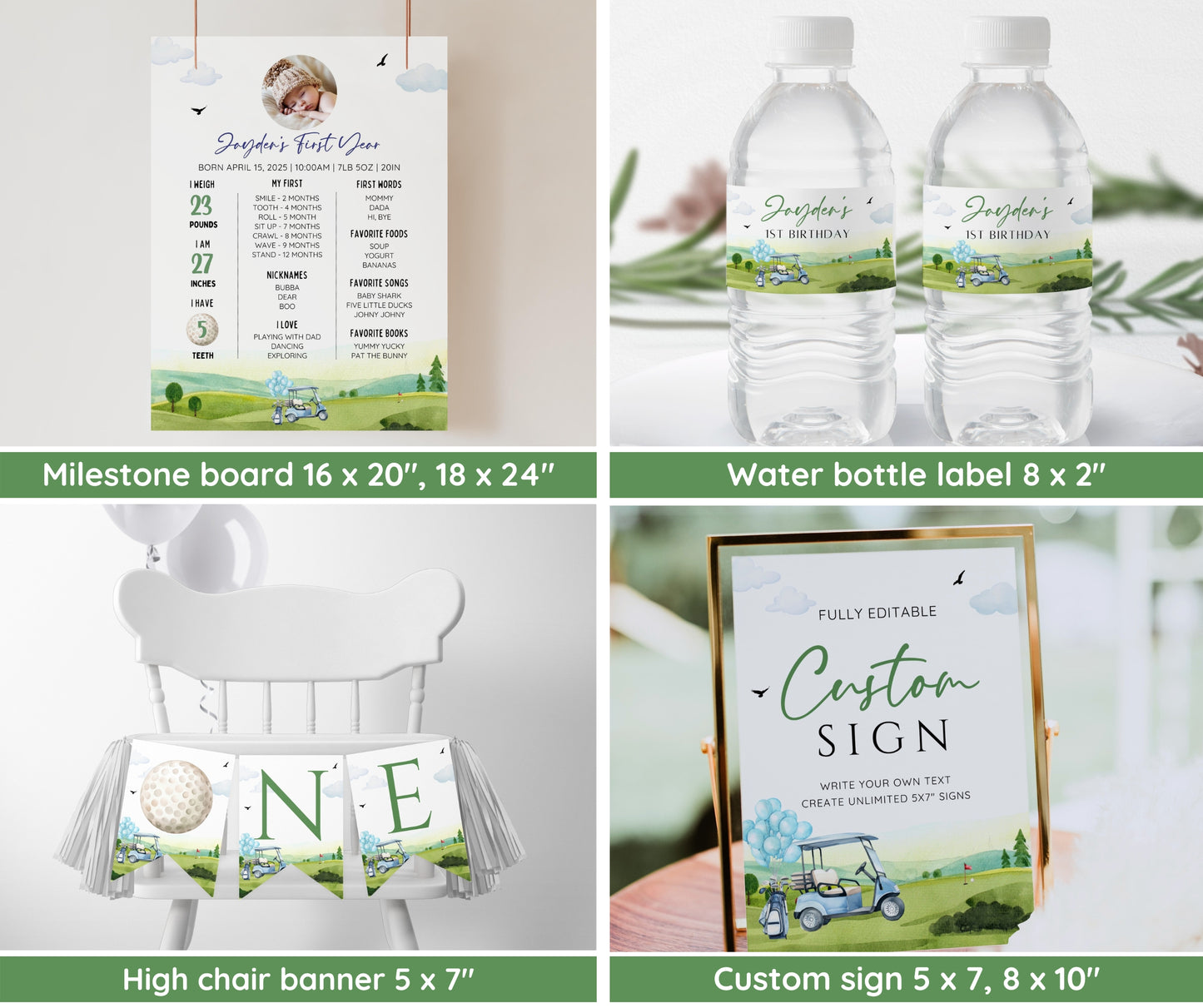 Hole in One First Birthday Invitation Bundle, Golf Par-Tee Invite Set for Boy, Milestone & Welcome Sign, Editable Template, Instant Download