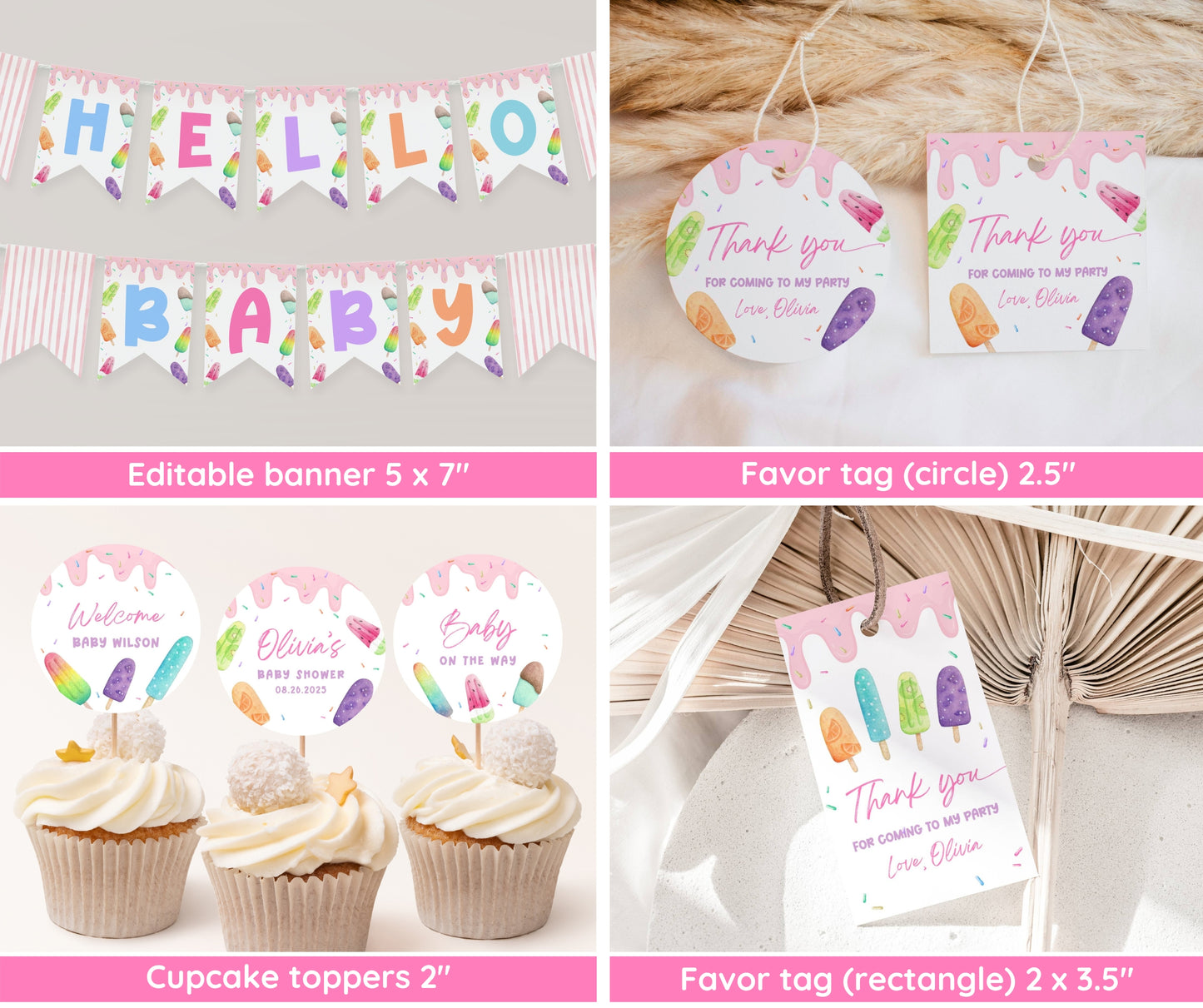 Popsicle Baby Shower Invitation Bundle, She's Ready to Pop Invite & Games, Ice Cream Baby Shower Girl, Editable Canva Template, Printable