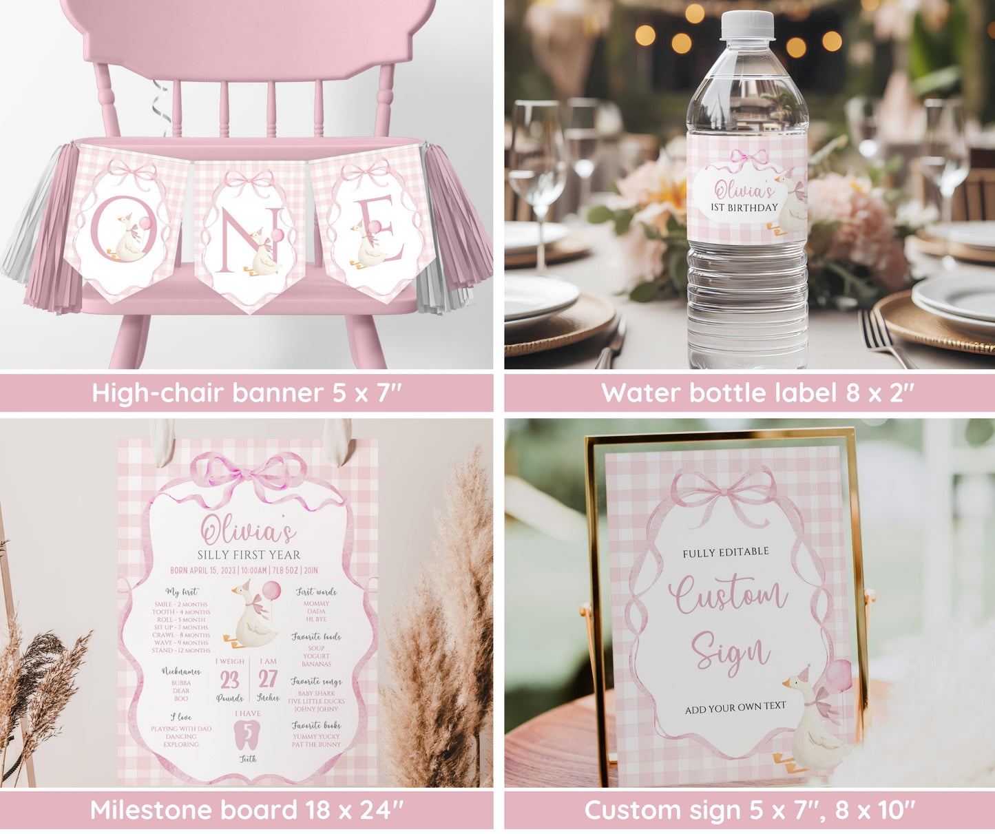 One Silly Goose Birthday Bundle, Pink Bow Goose 1st Birthday Invitation Template, Coquette Gingham Girl First Birthday Decor, Editable Canva