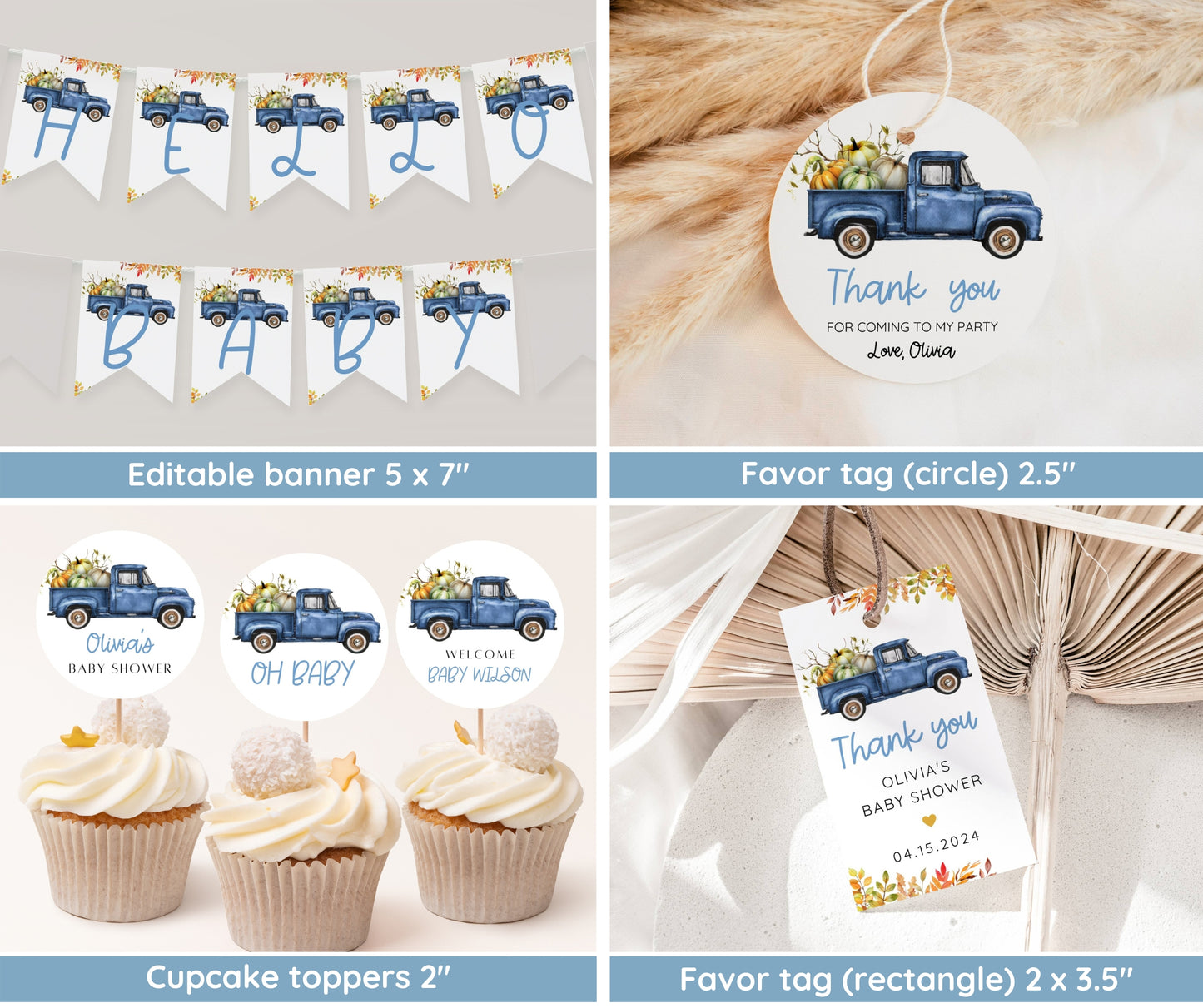 Little Pumpkin Baby Shower Bundle Boy, Blue Truck Fall Baby Shower Invitation & Games, Autumn Baby Sprinkle Decor, Editable Canva Template