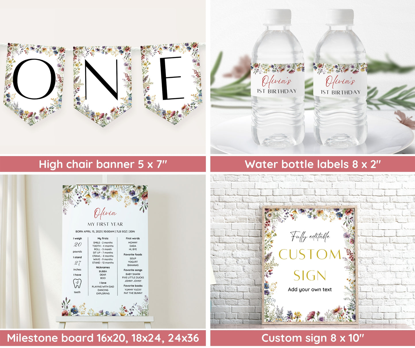 Wildflower Birthday Invitation Bundle, Wildflower First Birthday Invitation, Girl 1st Birthday, First Birthday Decorations, Wildflower