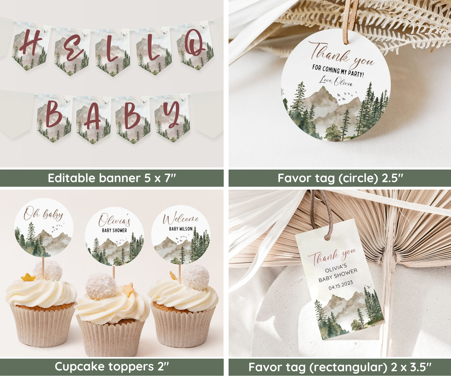 Let the Adventure Begin Baby Shower Invitation Bundle, Woodland Baby Shower Invite Pack, Forest Mountain Tree Gender Neutral Decor Printable
