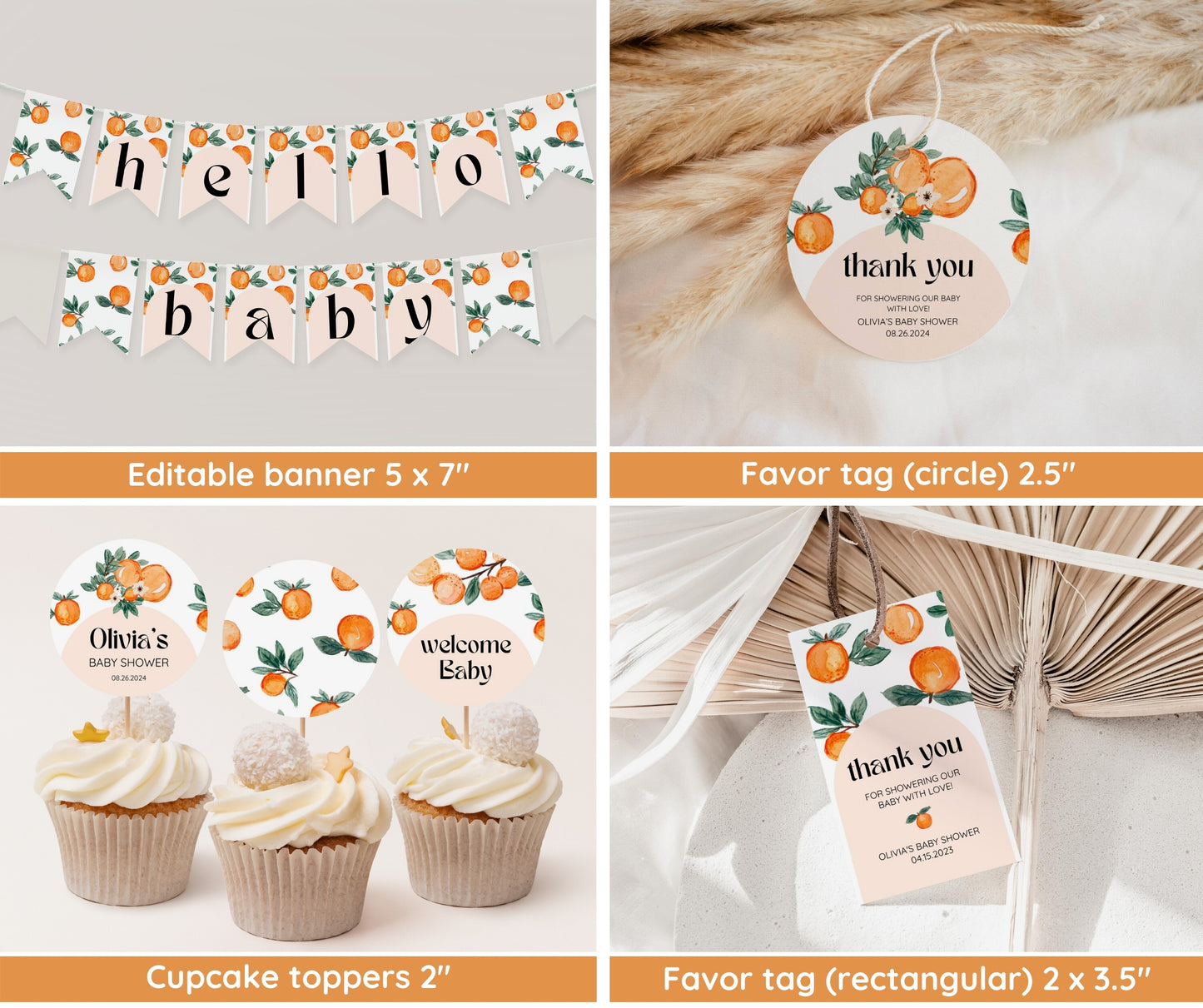 Little Cutie Baby Shower Invitation Bundle – Orange Citrus Clementine Invite Suite | Gender Neutral, Editable Template, Instant Download