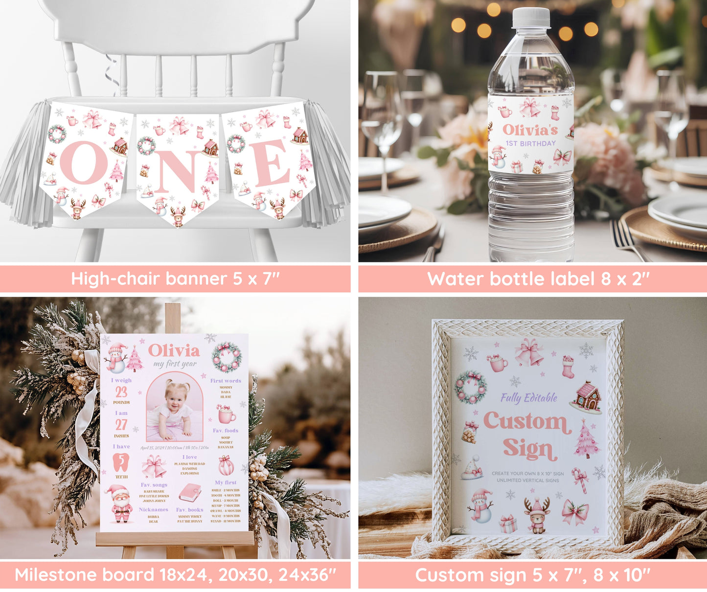 Christmas 1st Birthday Bundle, Oh What Fun It Is to Be One, Holiday Winter Girl Birthday Invitation & Decor, Pink December, Editable Template