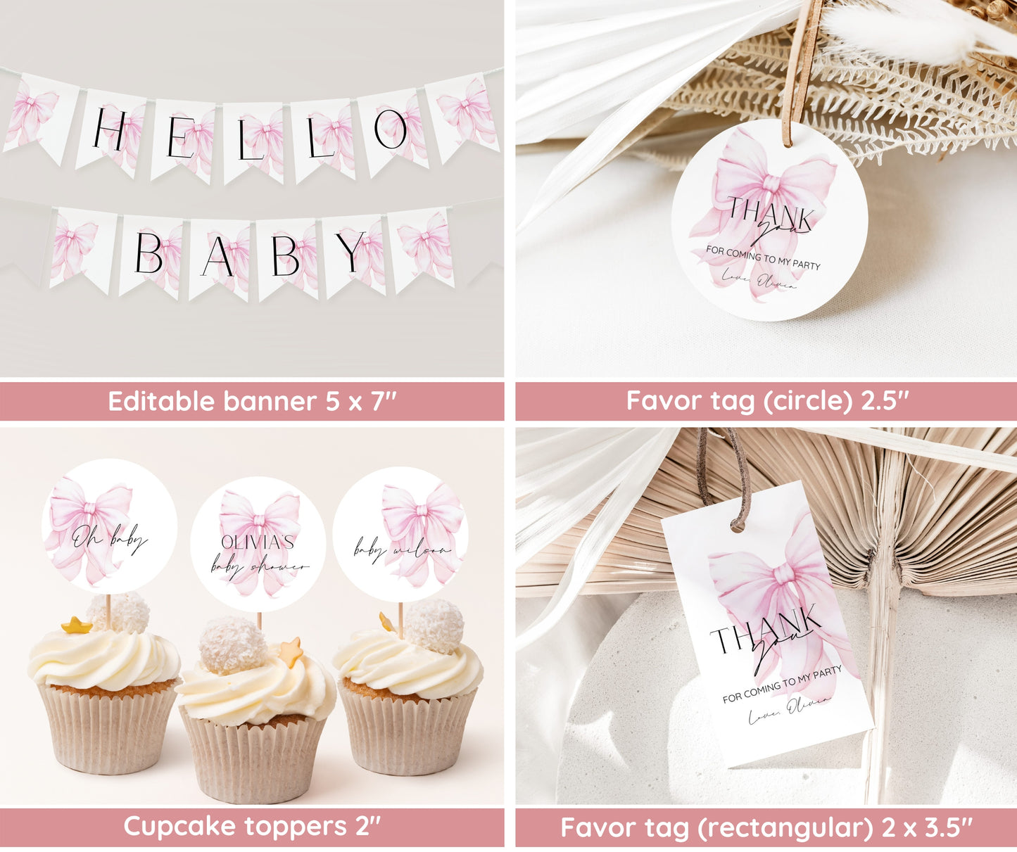 Pink Bow Baby Shower Invitation Bundle, Editable Pink Bow Invitation and Games, Pink Coquette Bow Baby Shower Decoration Baby Girl Printable