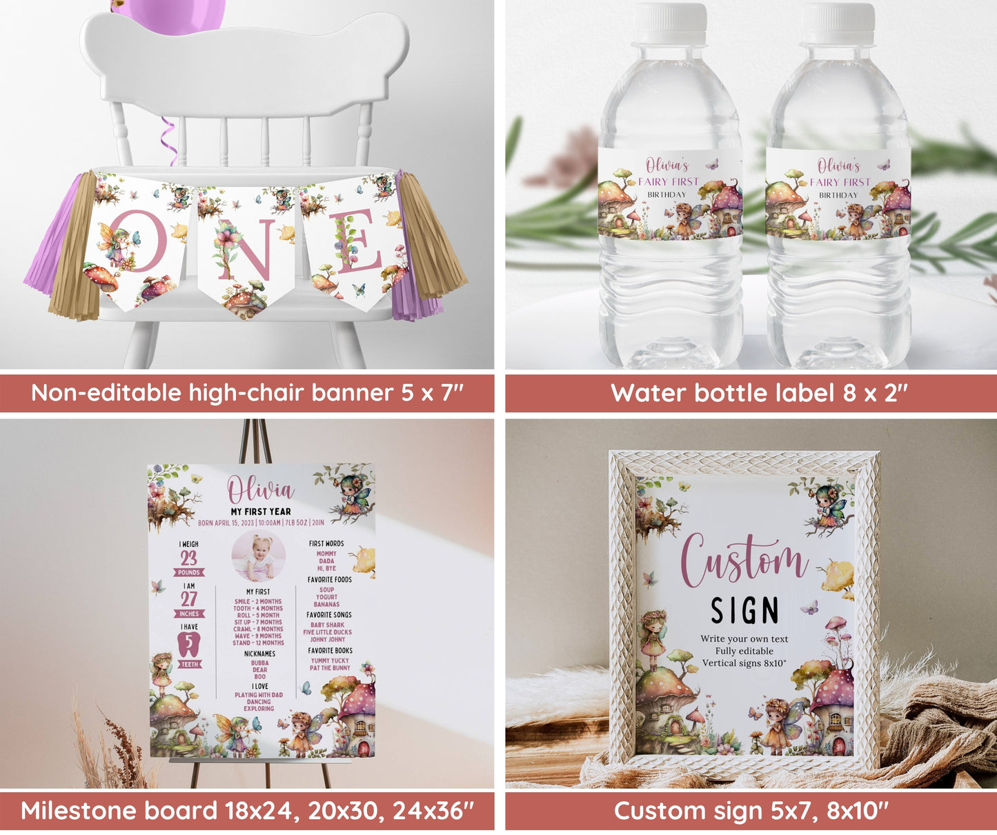 Fairy First Birthday Invitation Bundle, Editable Fairy First Birthday Invite, Fairy First Birthday Decorations, 1st Birthday Girl Theme