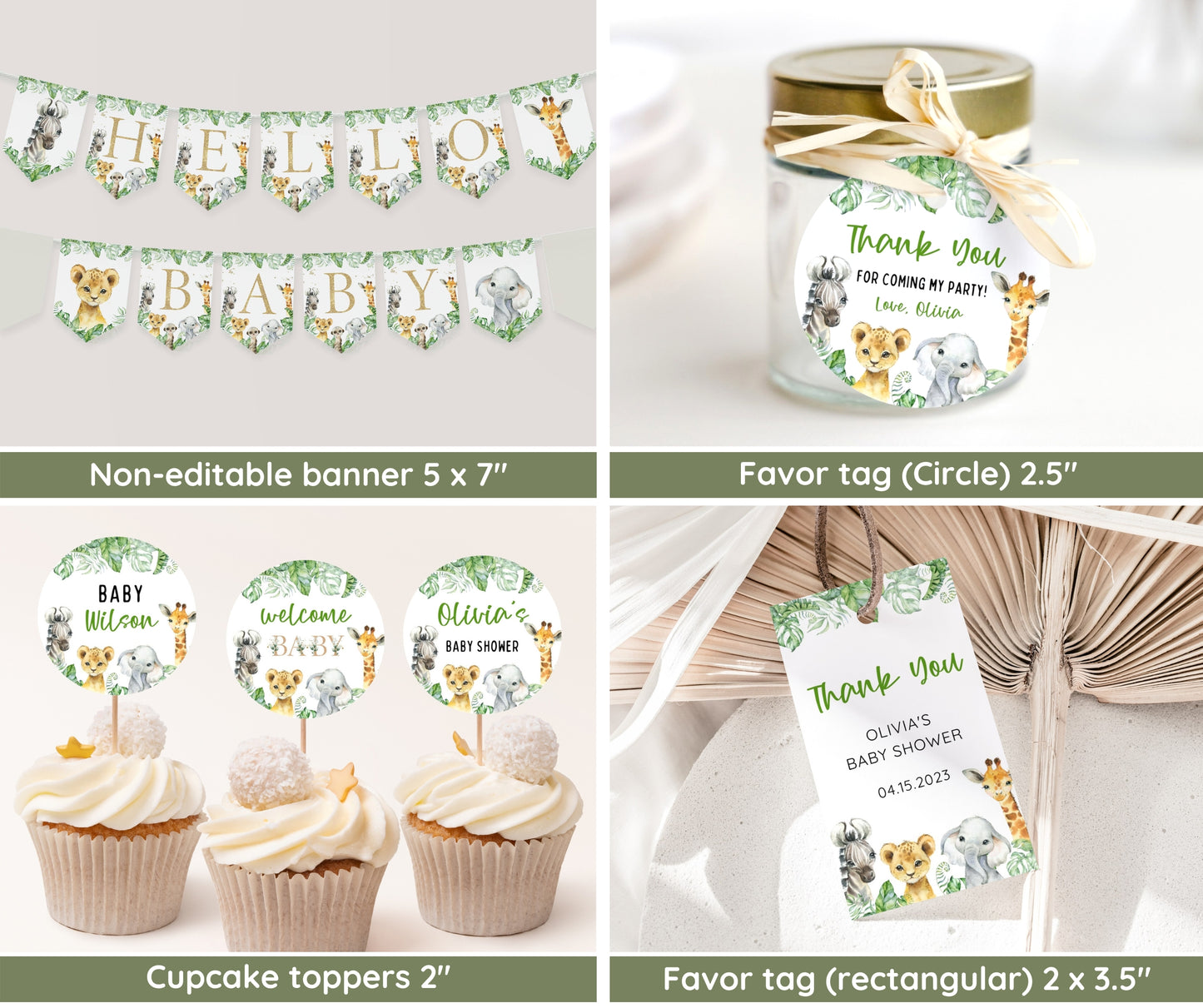 Safari Animal Baby Shower Bundle, Editable Safari Baby Shower Invitation Set, Jungle Animal Baby Shower, Gender Neutral, Digital Download