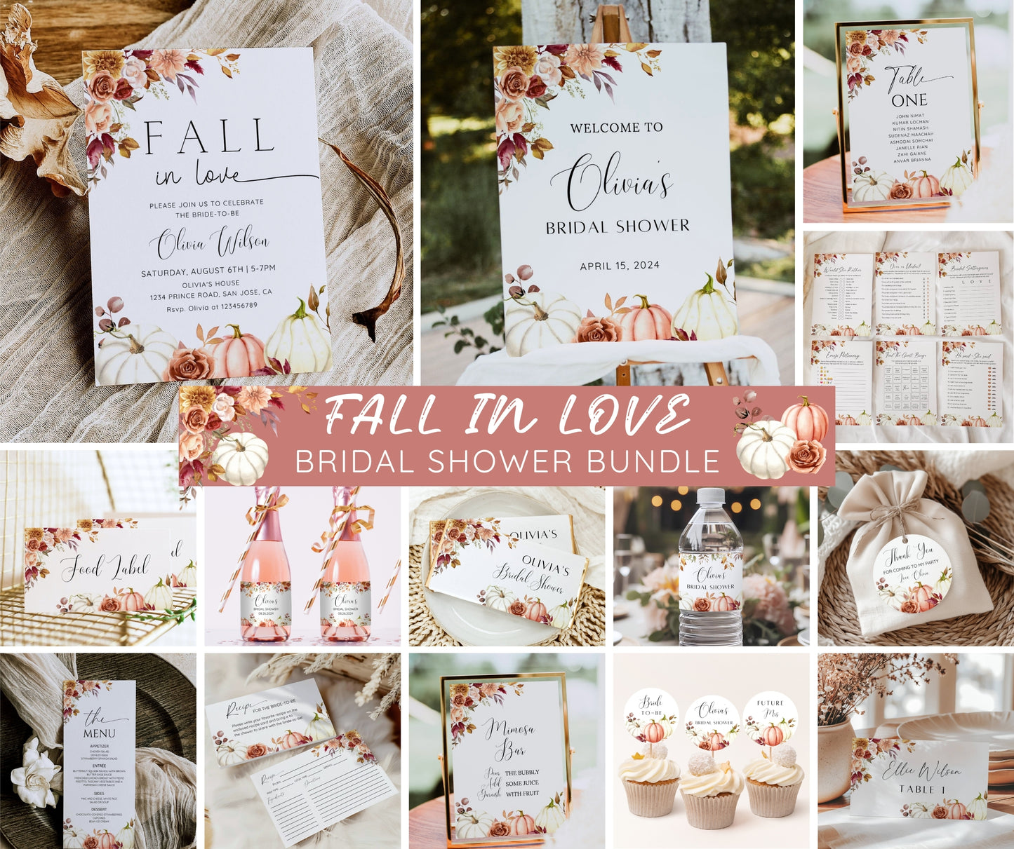 Fall in Love Bridal Shower Bundle | Autumn Bridal Shower Invitation & Games | Rust Burgundy Floral Pumpkin Decor | Editable Canva Template