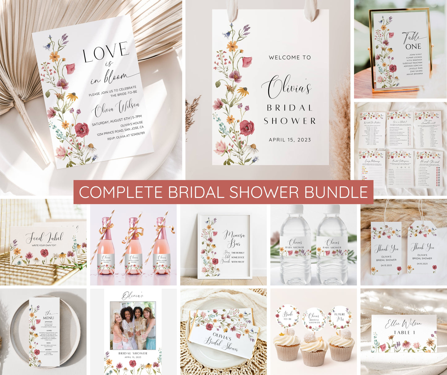 Wildflower Bridal Shower Invitation Template | Love in Bloom Bridal Shower Bundle | Editable Canva Invitation, Games & Decor | Instant Download