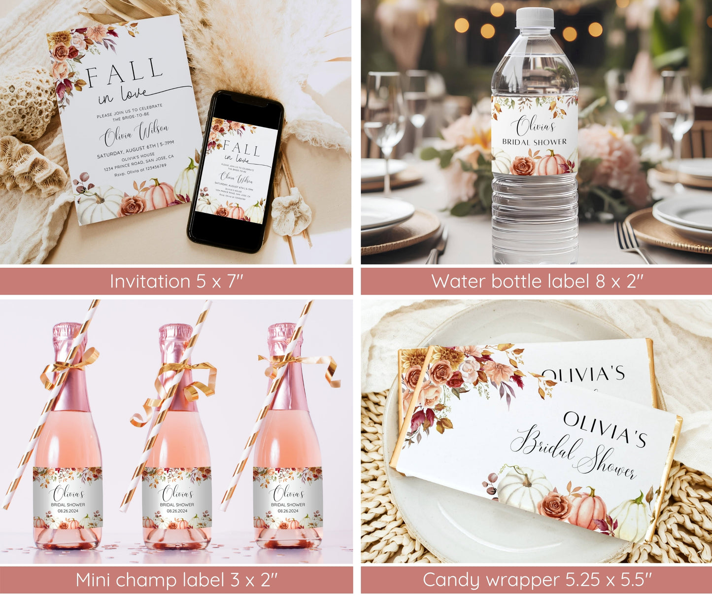 Fall in Love Bridal Shower Bundle | Autumn Bridal Shower Invitation & Games | Rust Burgundy Floral Pumpkin Decor | Editable Canva Template
